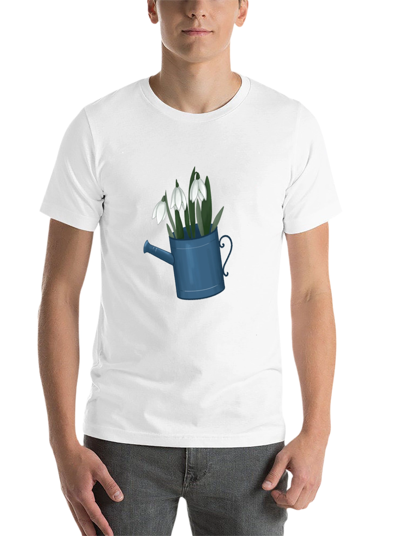 Black Snowdrop Flowers in Watering Can Black T-Shirt view 14