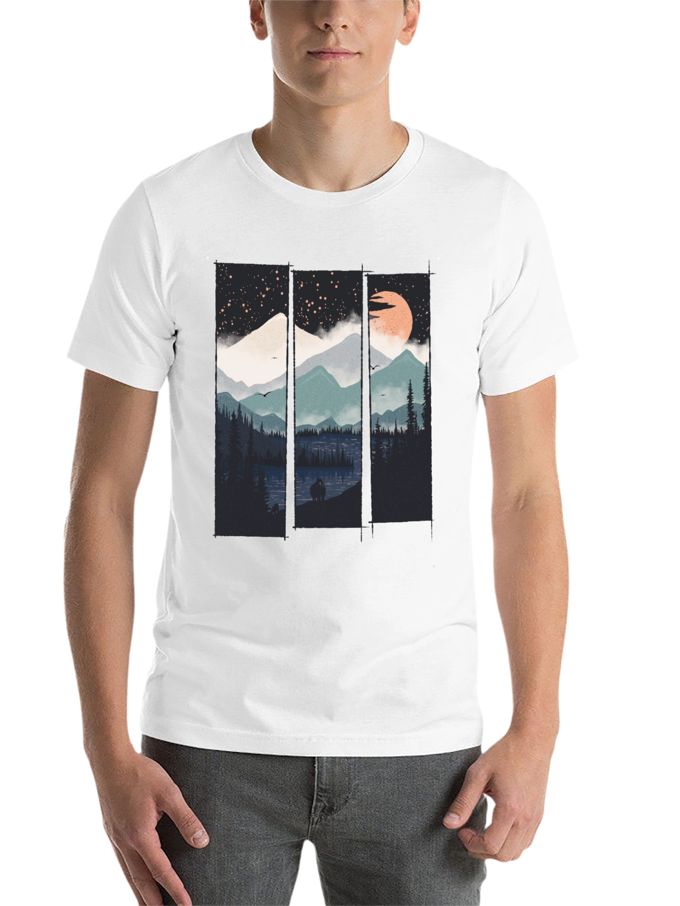 Night Sky Mountain Graphic Tee - Soft Black Cotton T-Shirt - 14