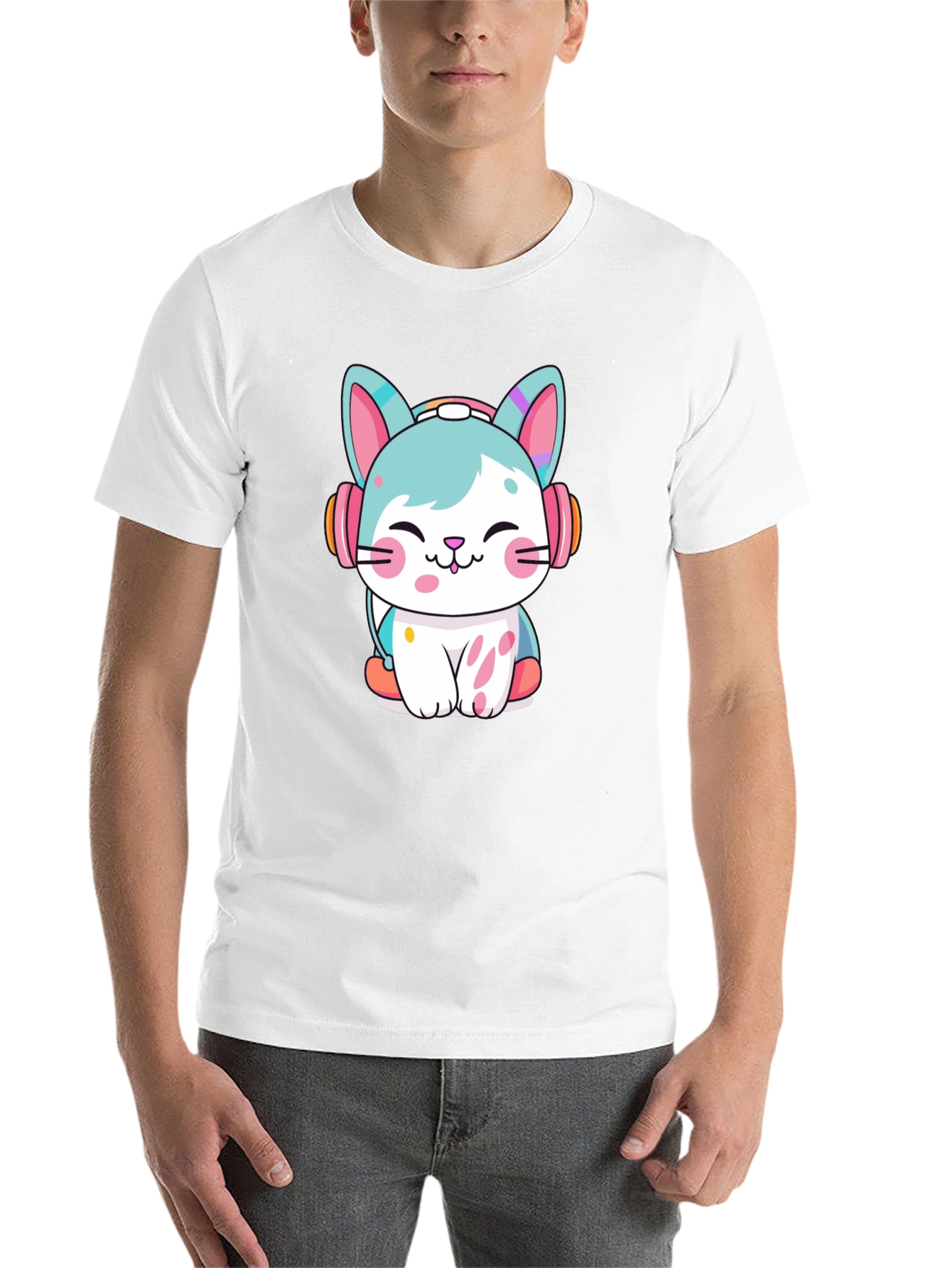 Black Cute Cat with Headphones Graphic Tee view 14