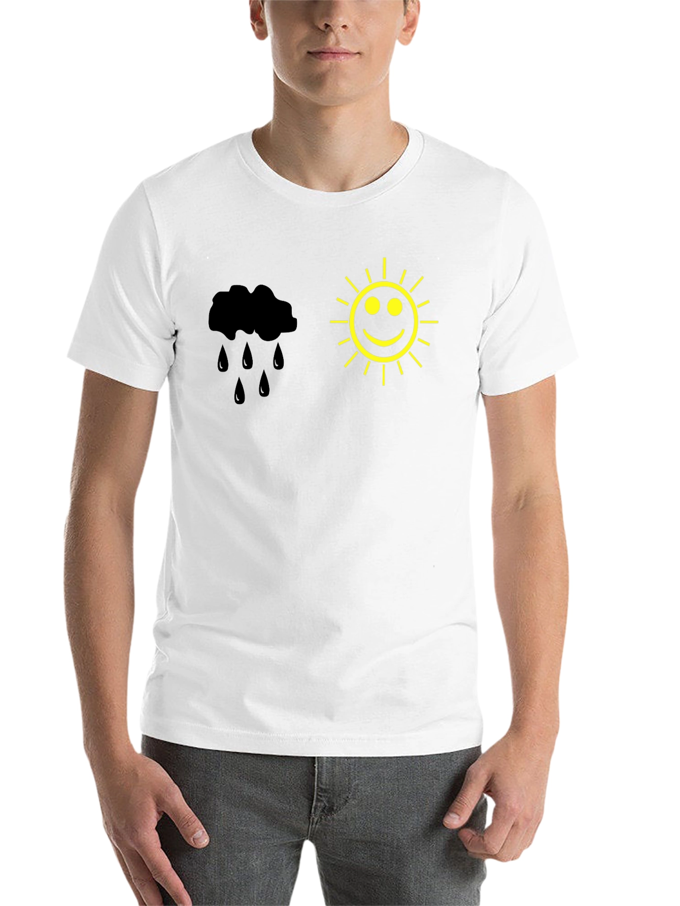 Black Weather Mood T-Shirt - Black Cotton Tee with Sun & Rain Design view 14