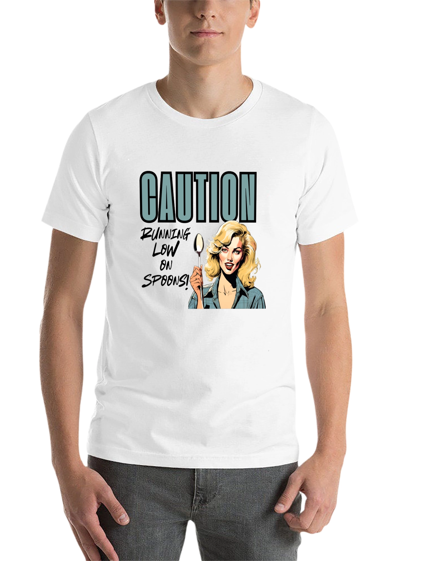 Black Caution Running Low On Spoons T-Shirt view 14