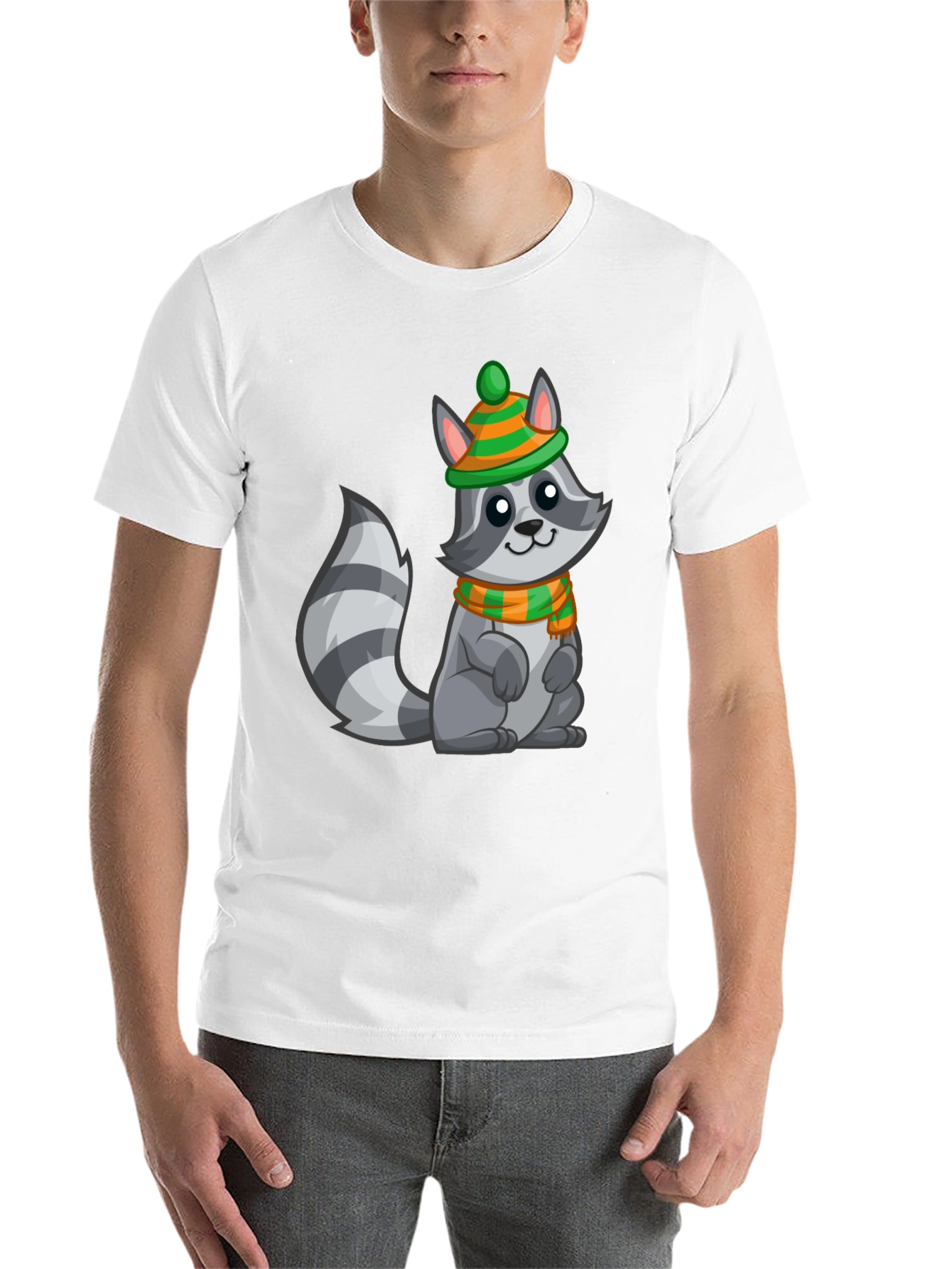 Black Cute Raccoon T-Shirt with Winter Hat and Scarf - Unisex Tee view 14