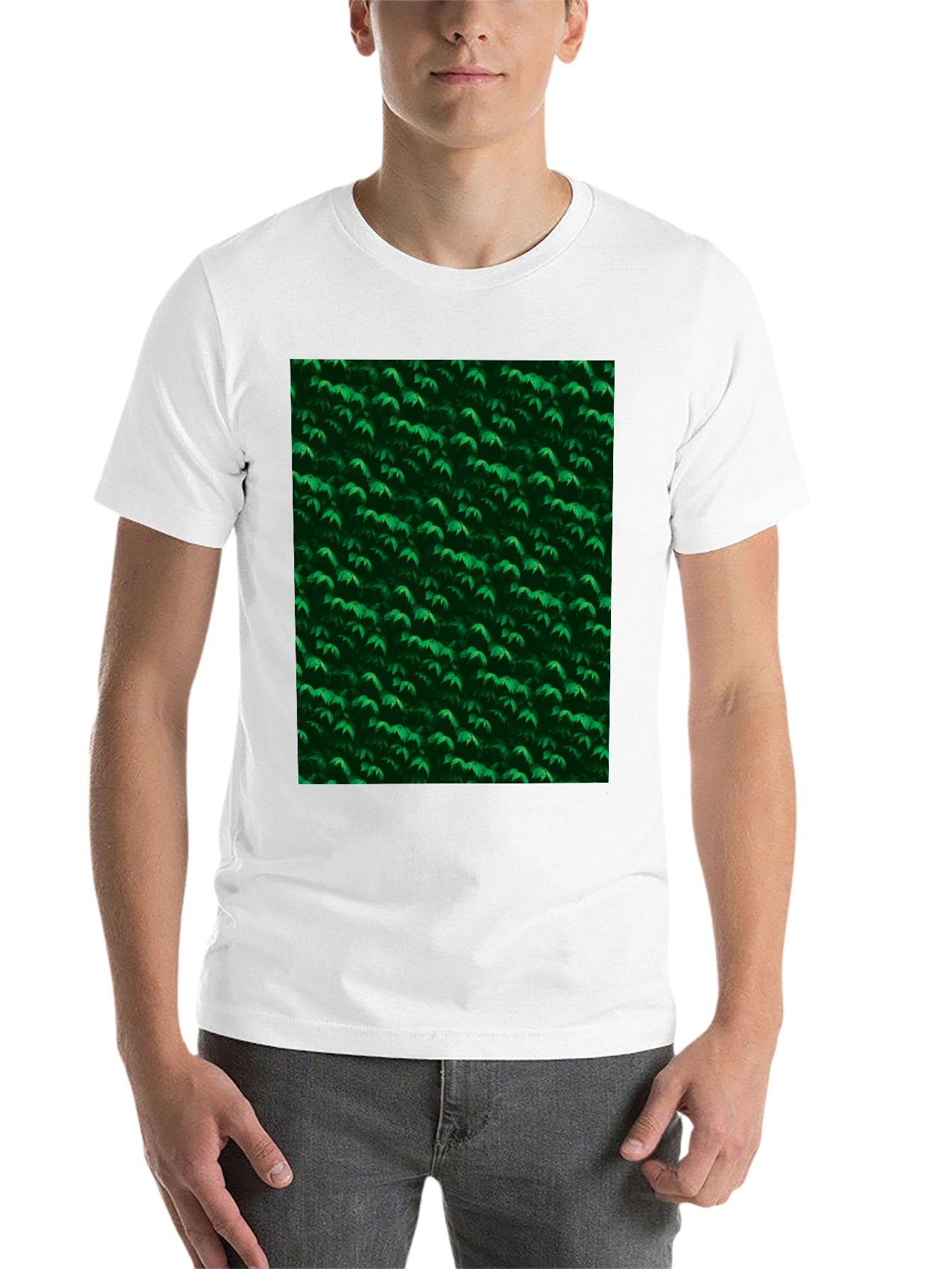 Black Green Leaves Pattern Black T-Shirt view 14