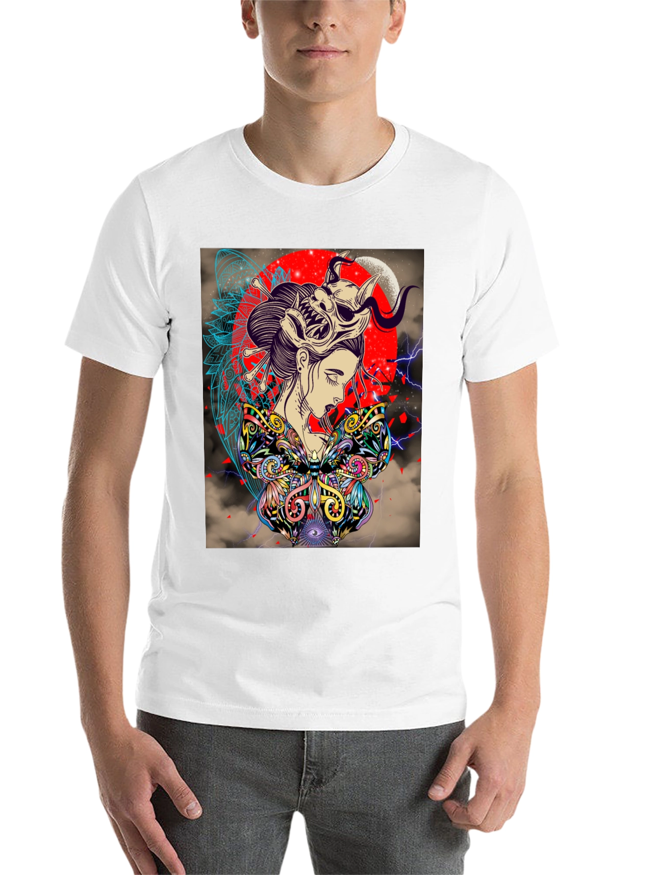 Black Geisha Mask Graphic Print Black T-Shirt view 14