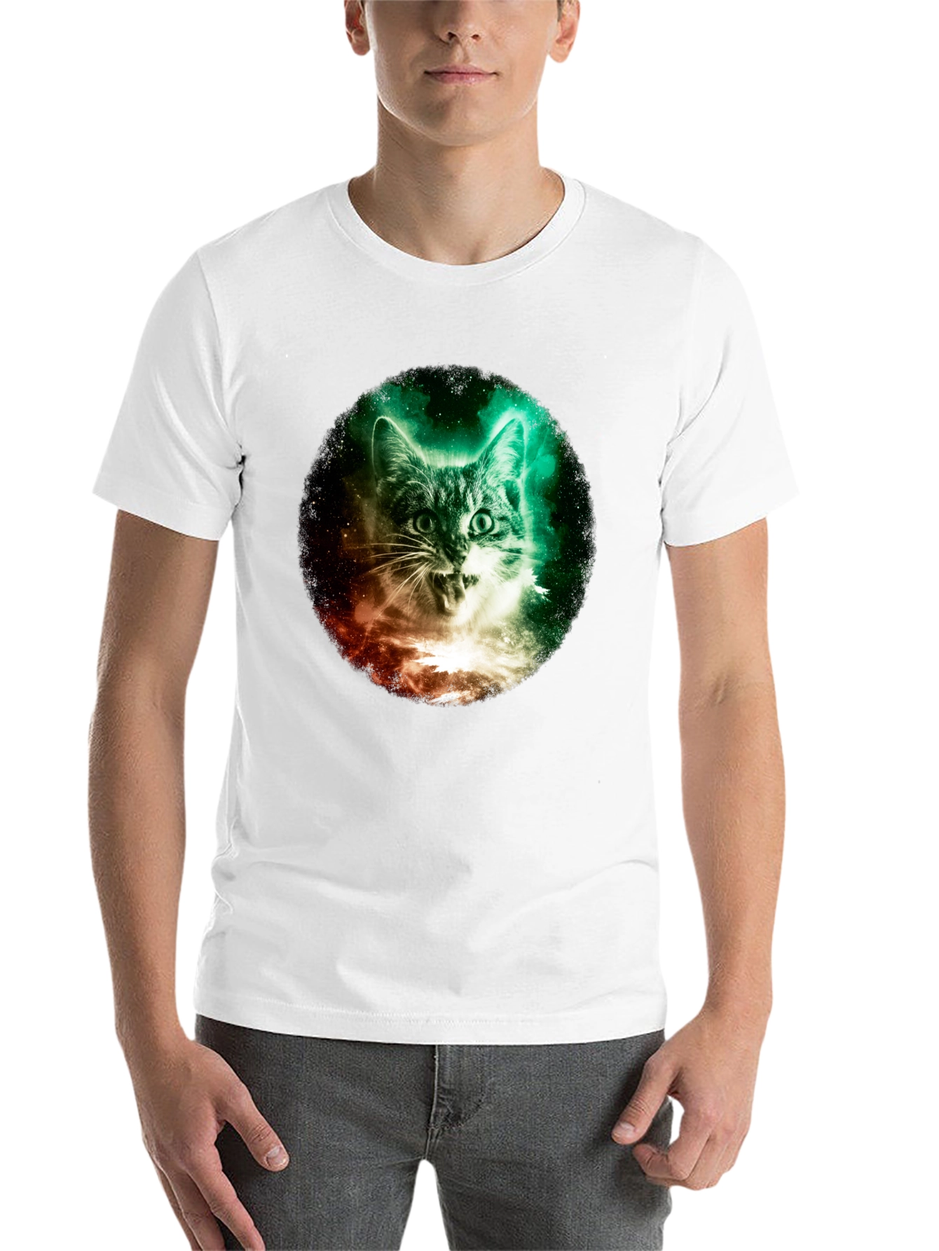Black Cosmic Cat Graphic Tee - Galaxy Kitten T-Shirt view 14
