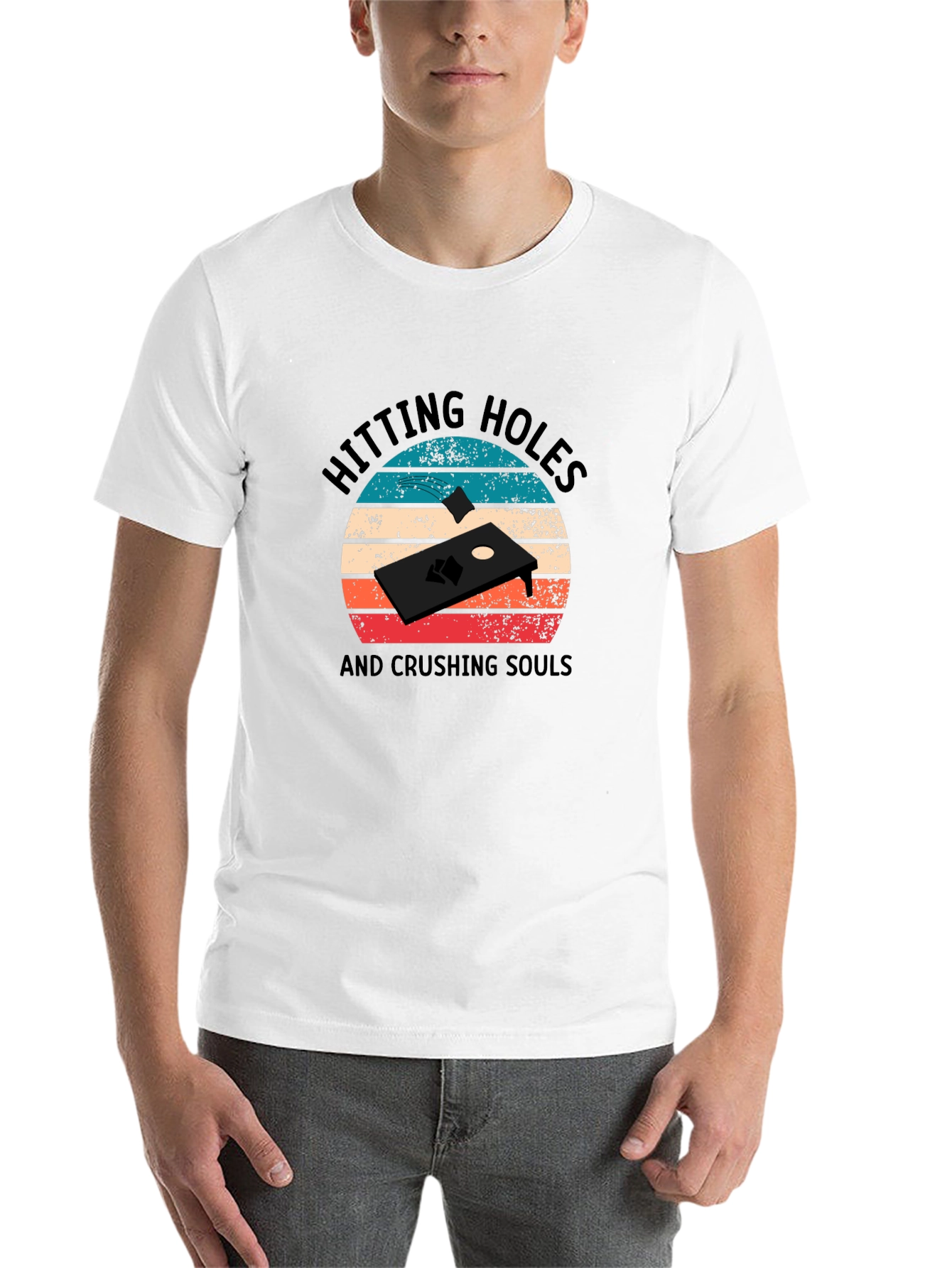 Black Hitting Holes Cornhole T-Shirt view 14