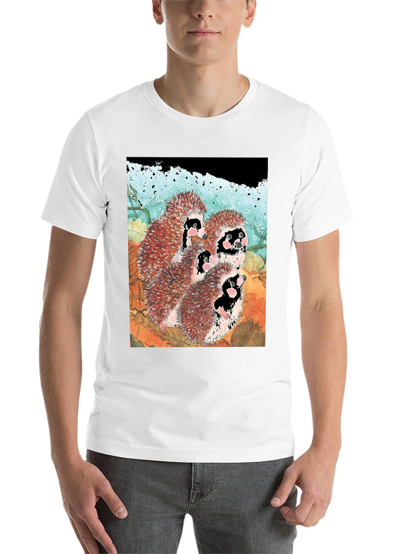 Black Hedgehog Family T-Shirt - Black Cotton Tee view 14