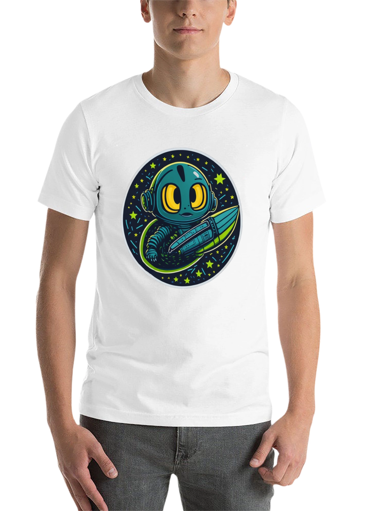 Black Cartoon Alien Rocket Black T-Shirt view 14