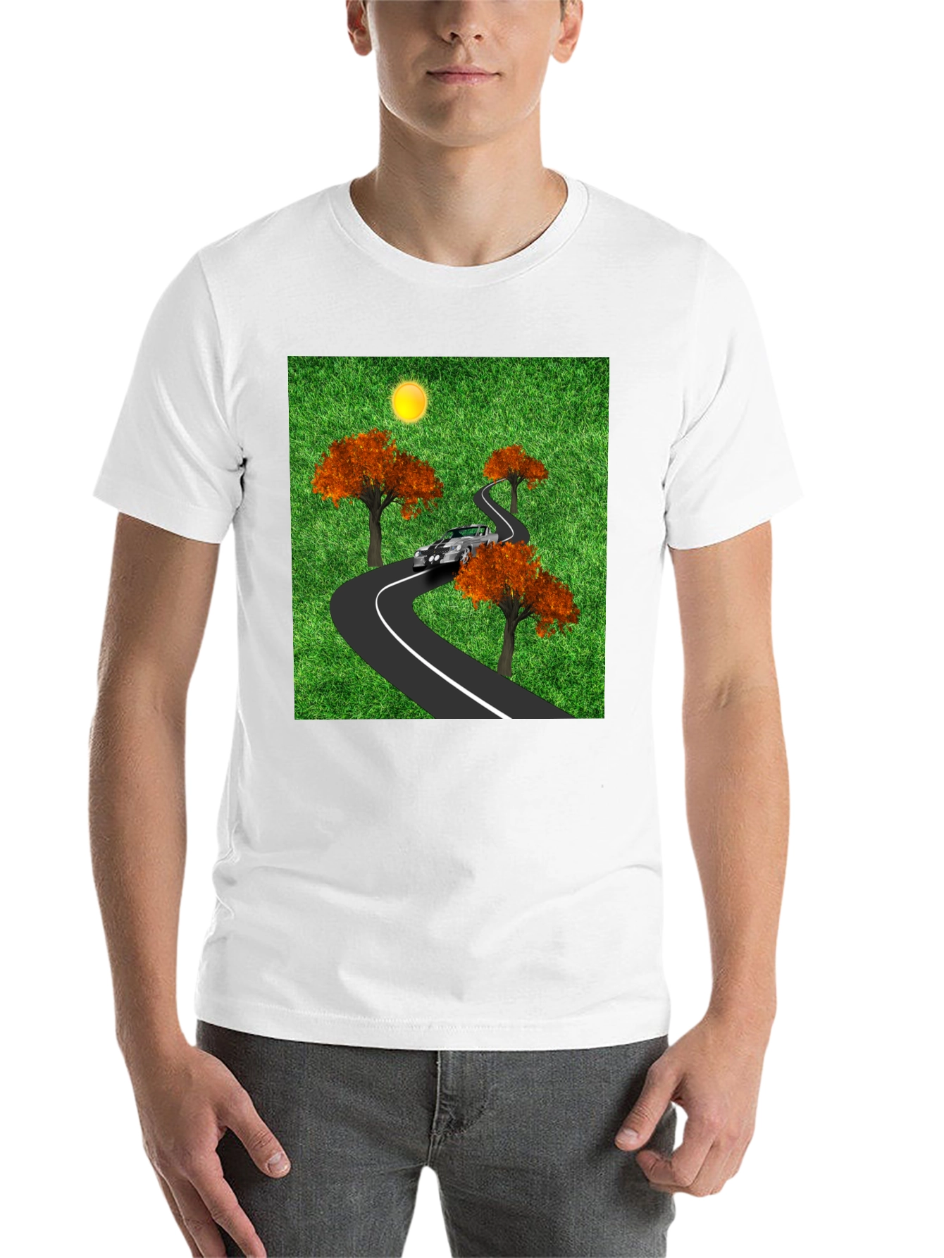 Black Road Trip T-Shirt - Car, Trees, and Scenic Route view 14