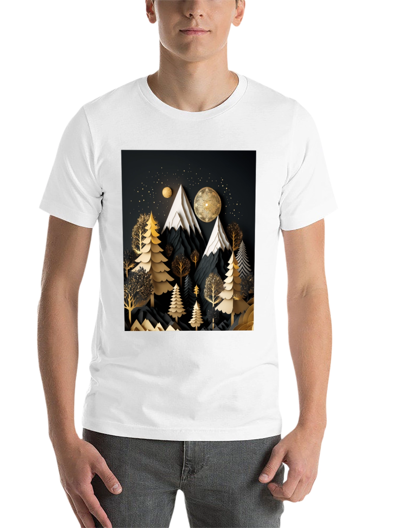 Black Elegant Mountain Forest T-Shirt view 14