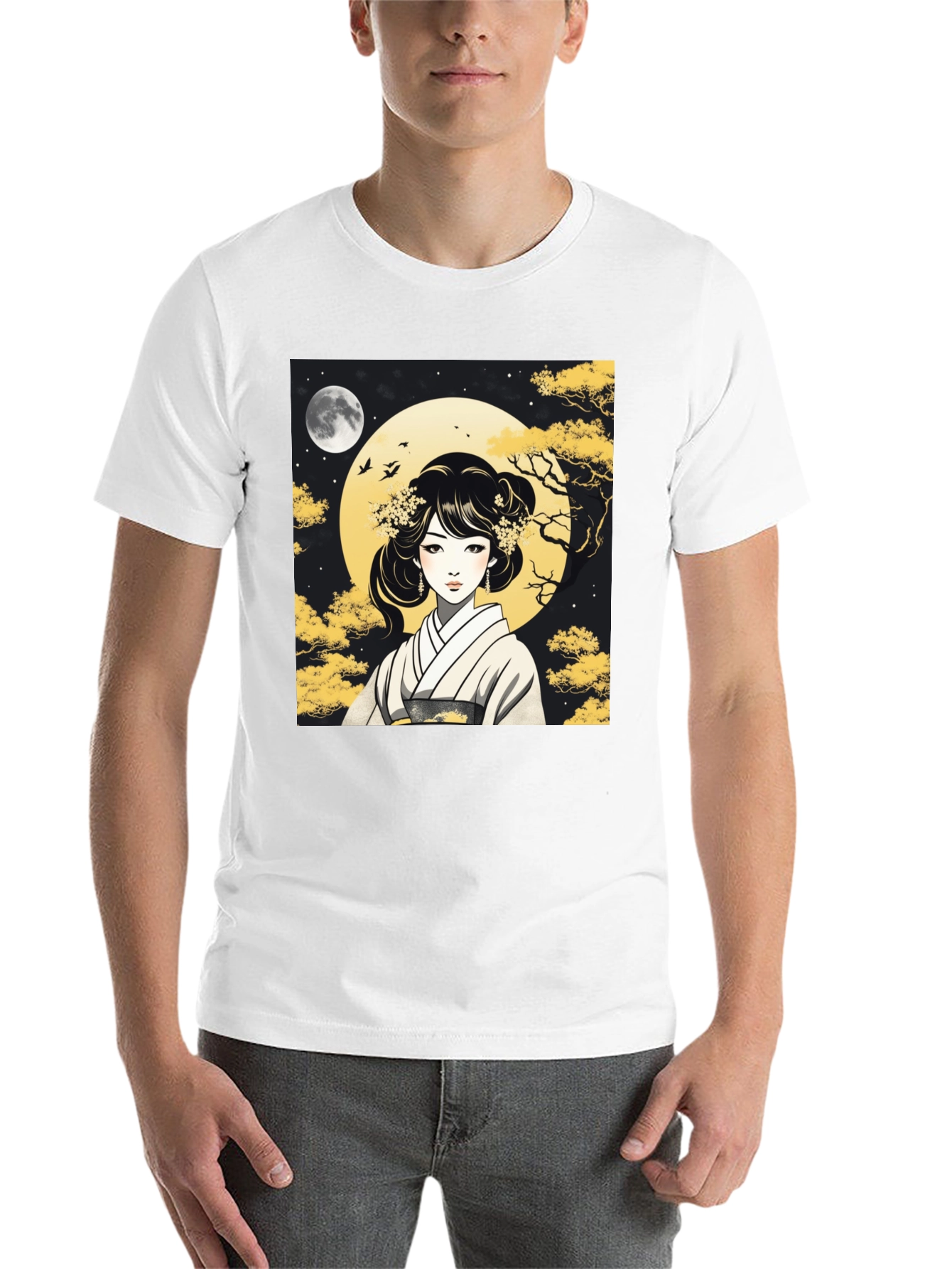 Black Asian Woman T-Shirt - Moonlit Kimono Design view 14