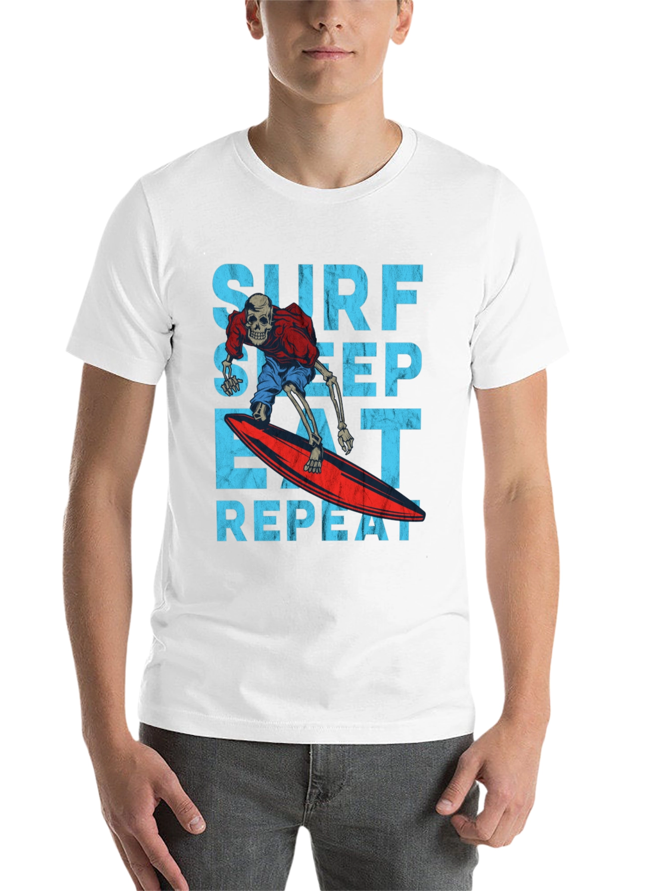 Black Surf Sleep Eat Repeat Skeleton Surfer Graphic Tee view 14