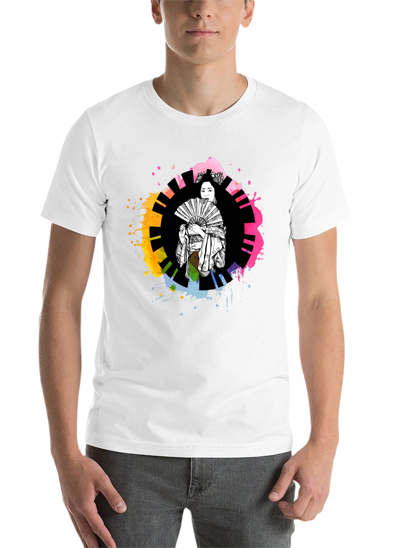 Black Geisha Art T-Shirt - Colorful Piano Design view 14