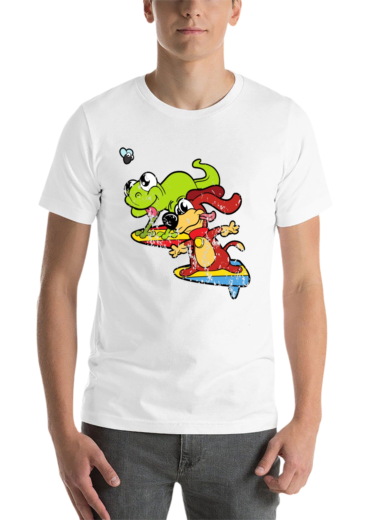 Black Cartoon Dog and Lizard Surfing Black T-Shirt view 14
