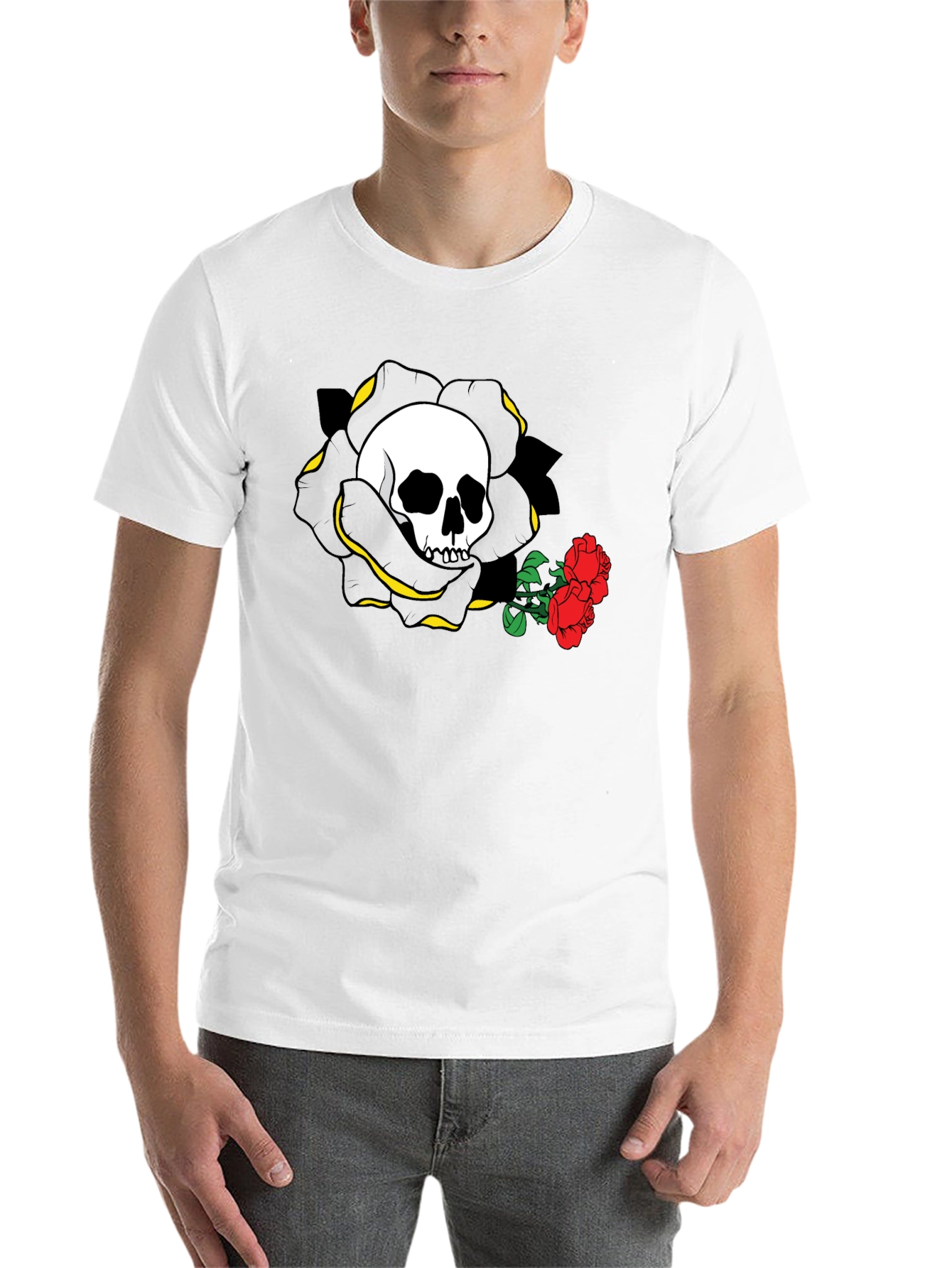 Skull and Roses Graphic Tee - Black Cotton Casual Shirt - 14