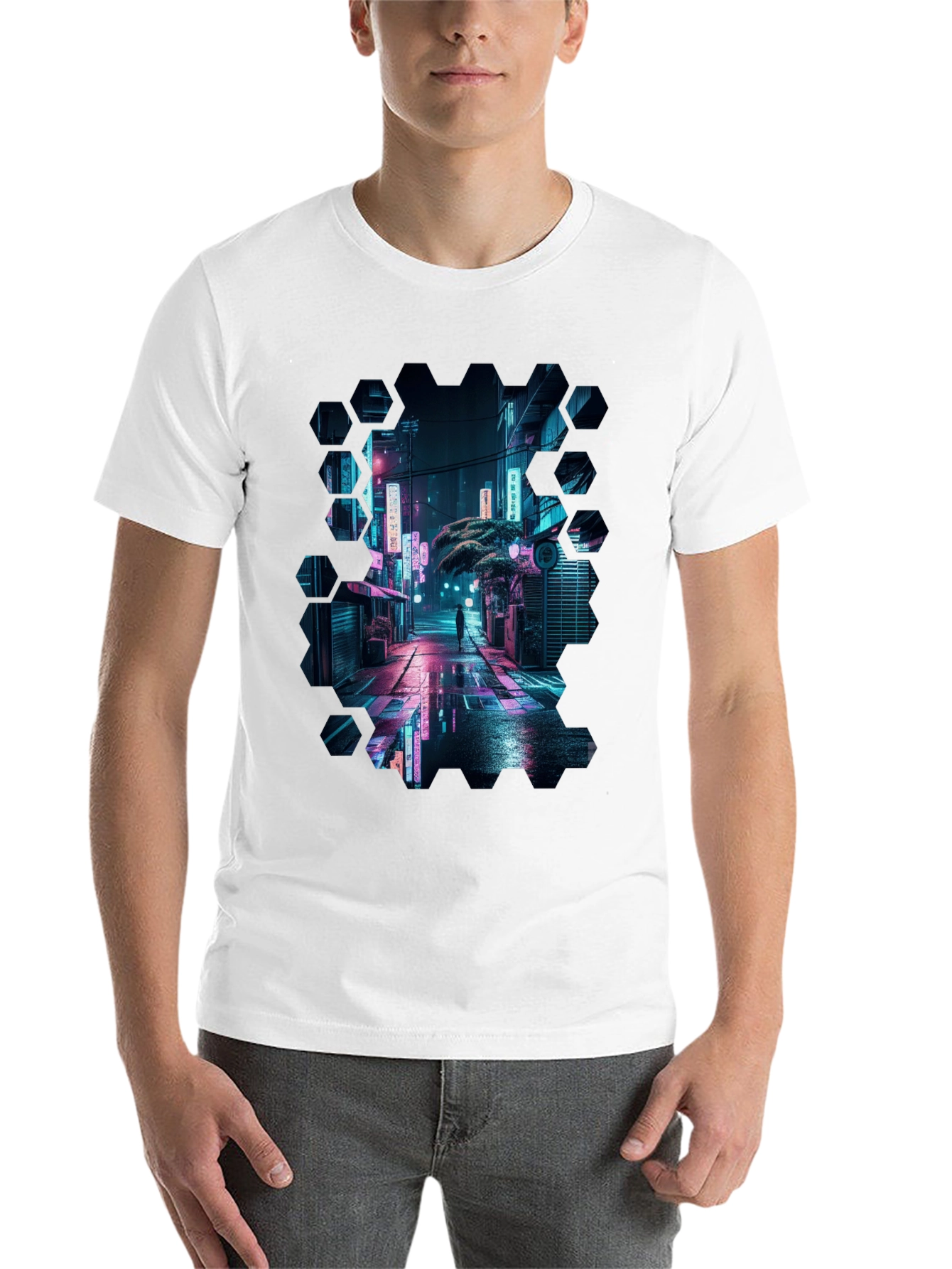 Black Cyberpunk Cityscape Black T-Shirt view 14