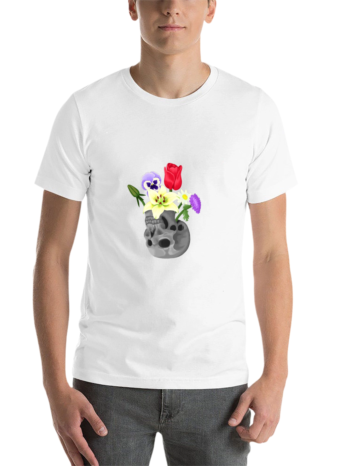 Black Skull & Flowers Graphic Tee - Black Cotton T-Shirt view 14