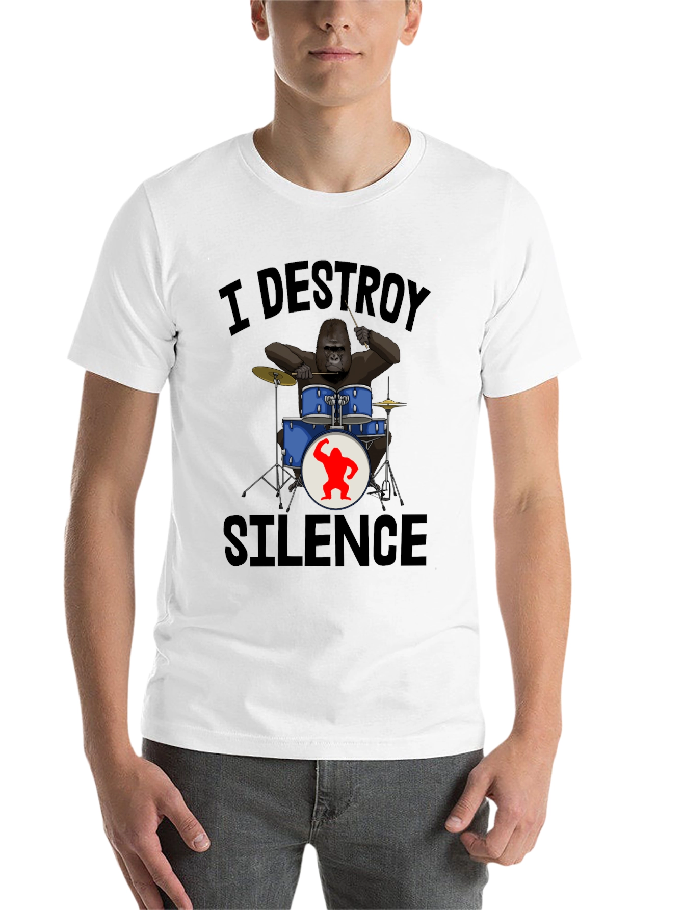 Black I Destroy Silence Gorilla Drummer T-Shirt view 14