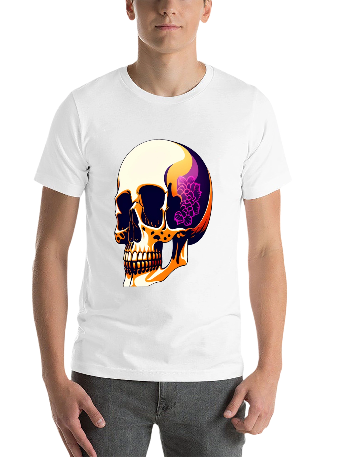 Black Skull & Floral Graphic Print Men's T-Shirt view 14