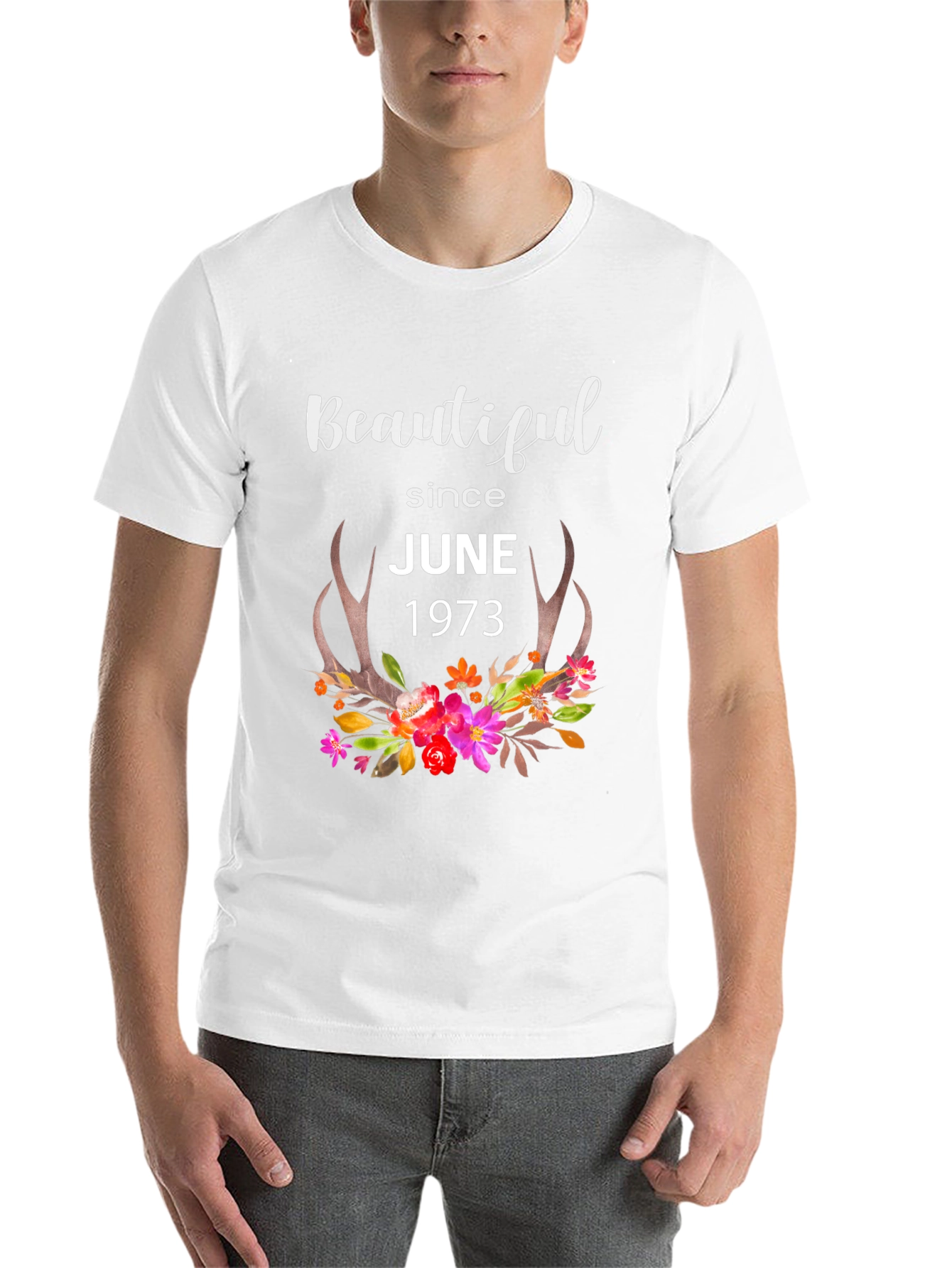 Beautiful Since June 1973 Floral Antler T-Shirt - 14