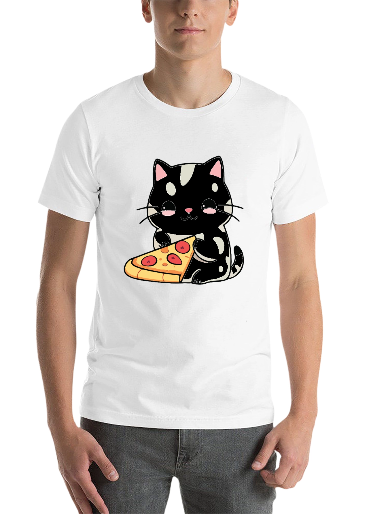 Black Cute Cat Pizza Graphic Tee - Black Cotton T-Shirt view 14