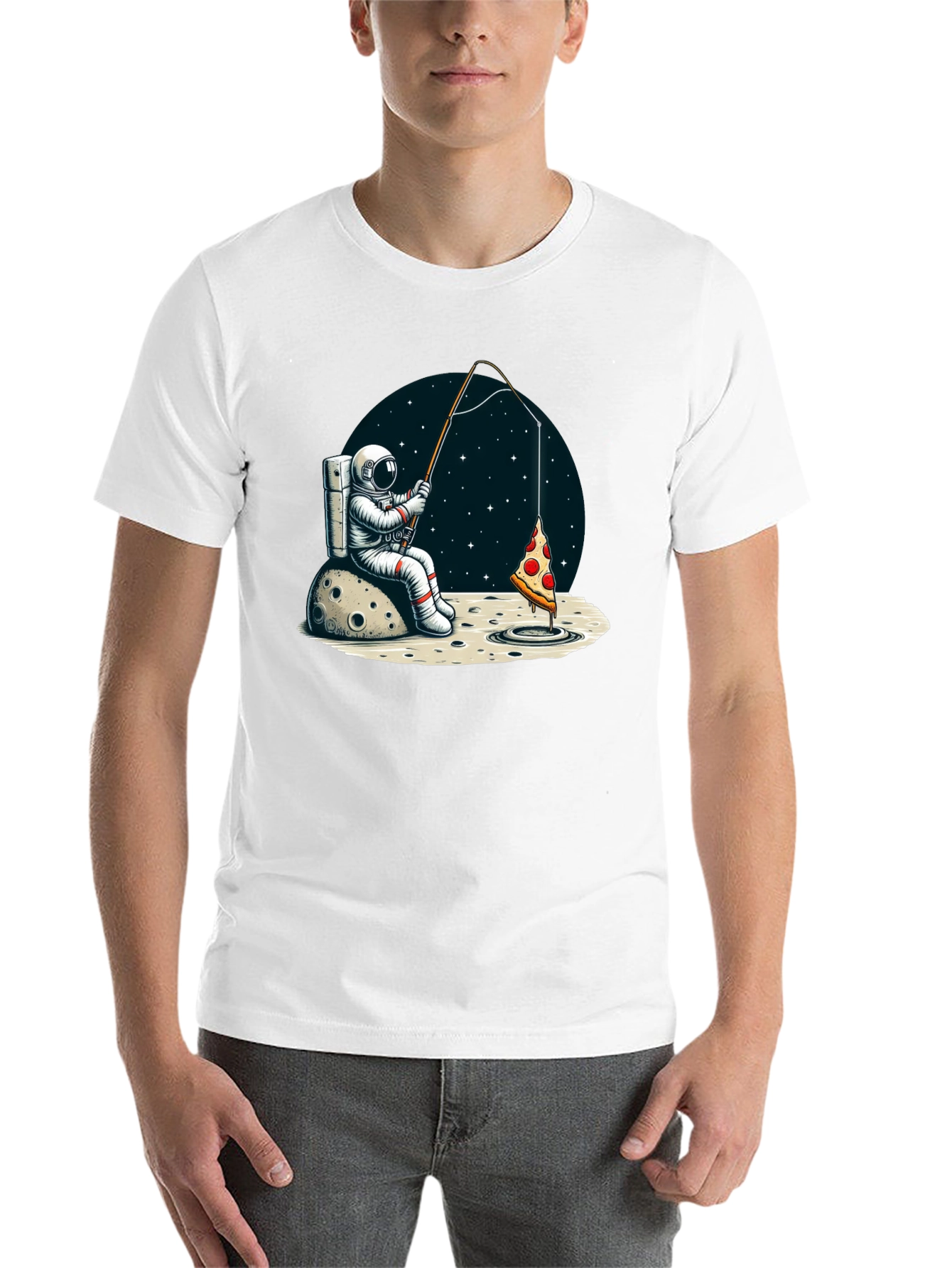Black Astronaut Fishing for Pizza T-Shirt view 14