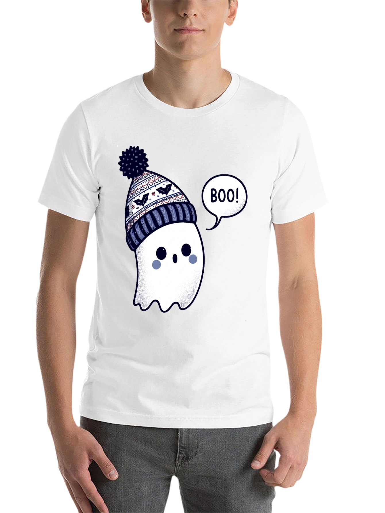 Black Cute Ghost in Beanie T-Shirt - Halloween Style view 14