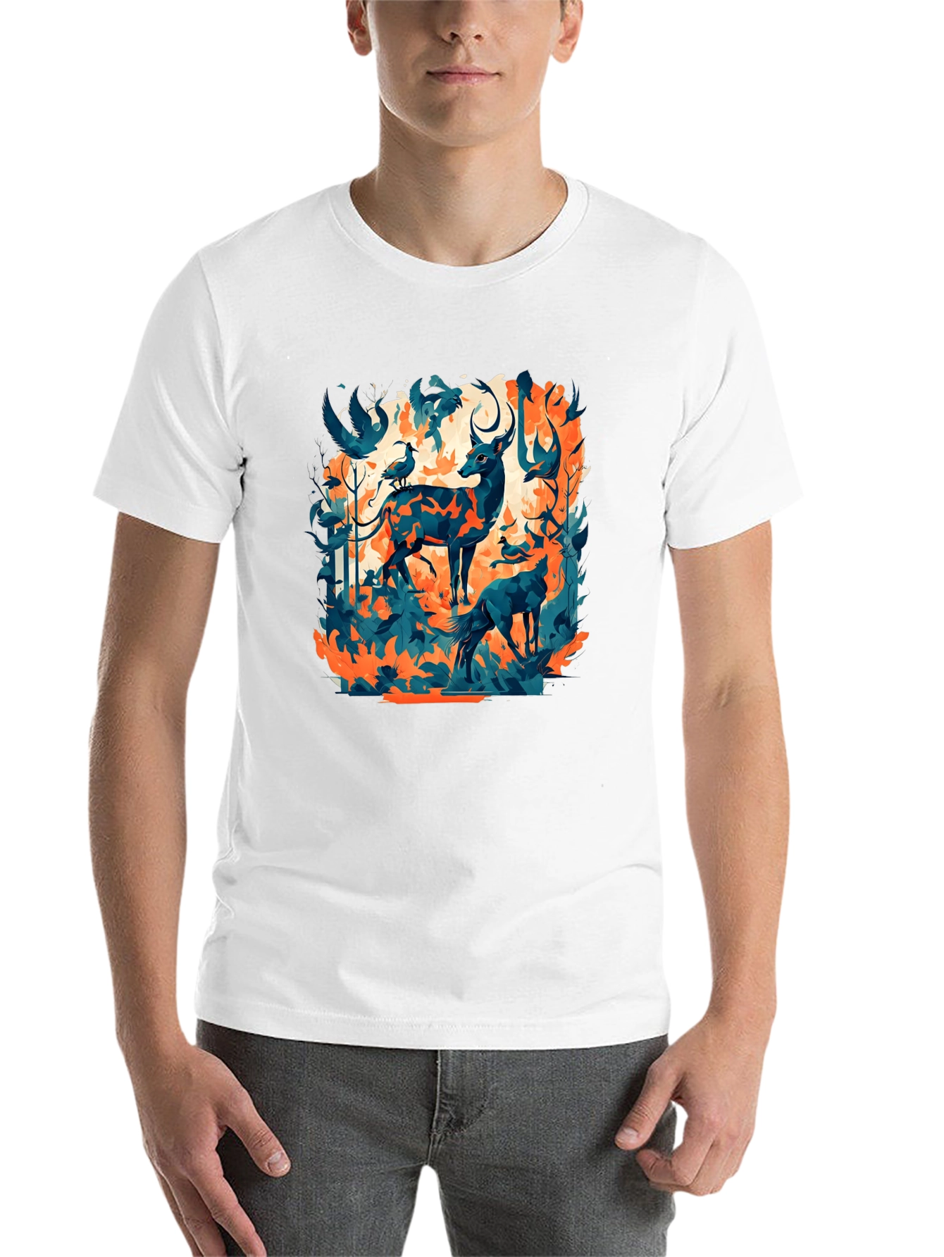 Black Nature Inspired Graphic Tee - Deer & Birds Design view 14