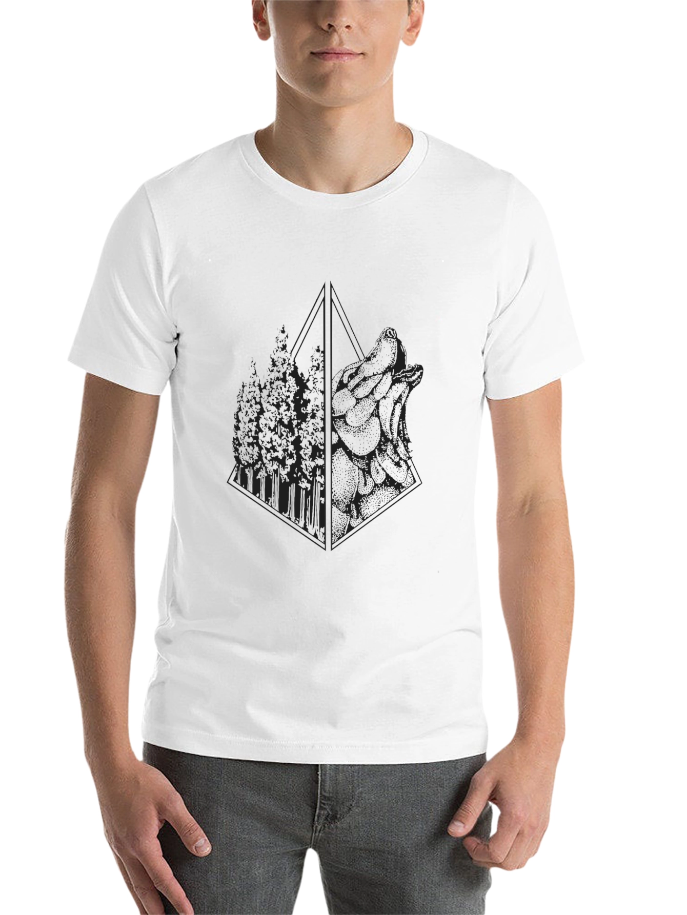 Black Geometric Wolf & Forest Graphic T-Shirt view 14
