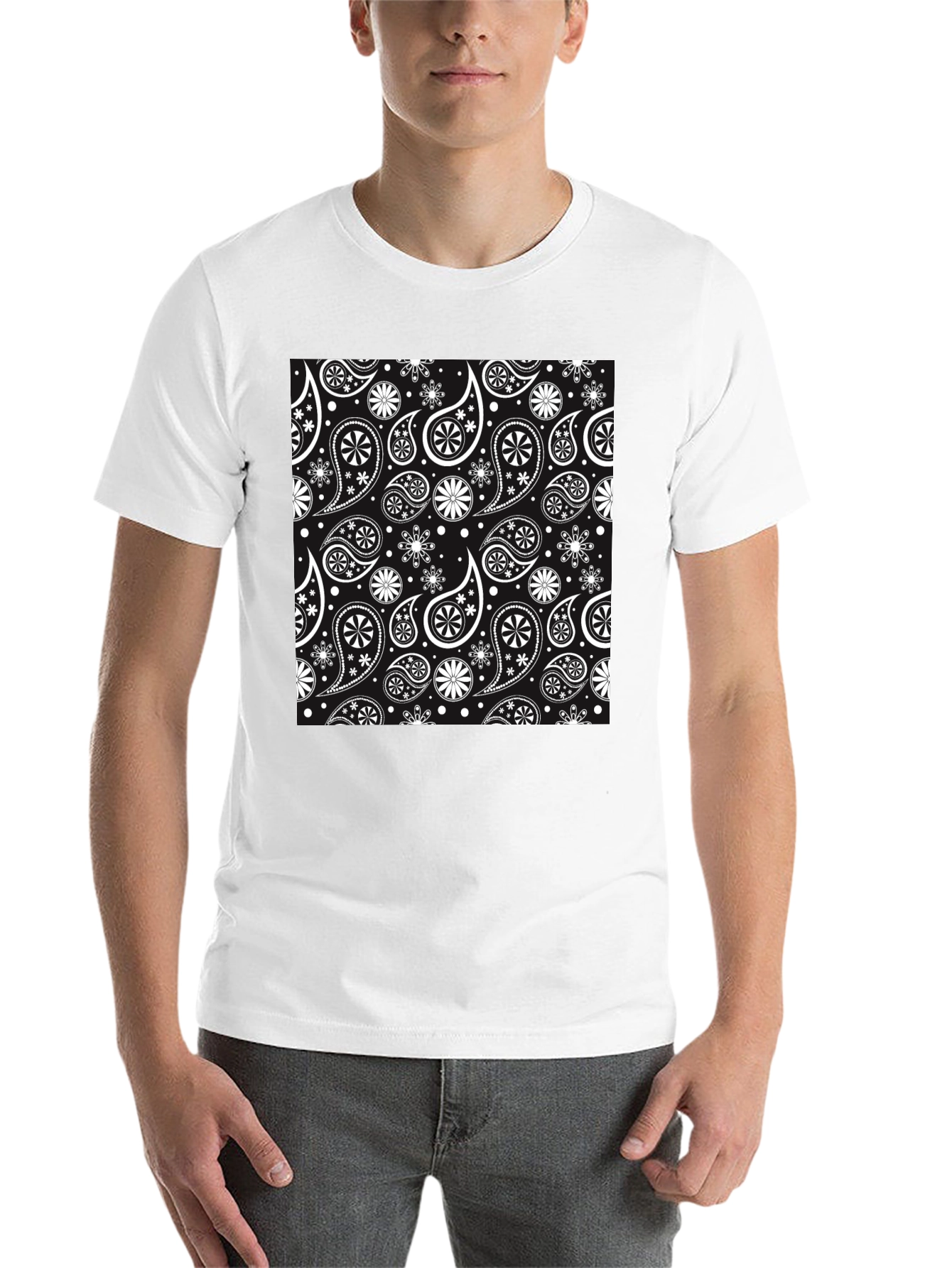 Black Stylish Paisley Patterned Black T-Shirt view 14