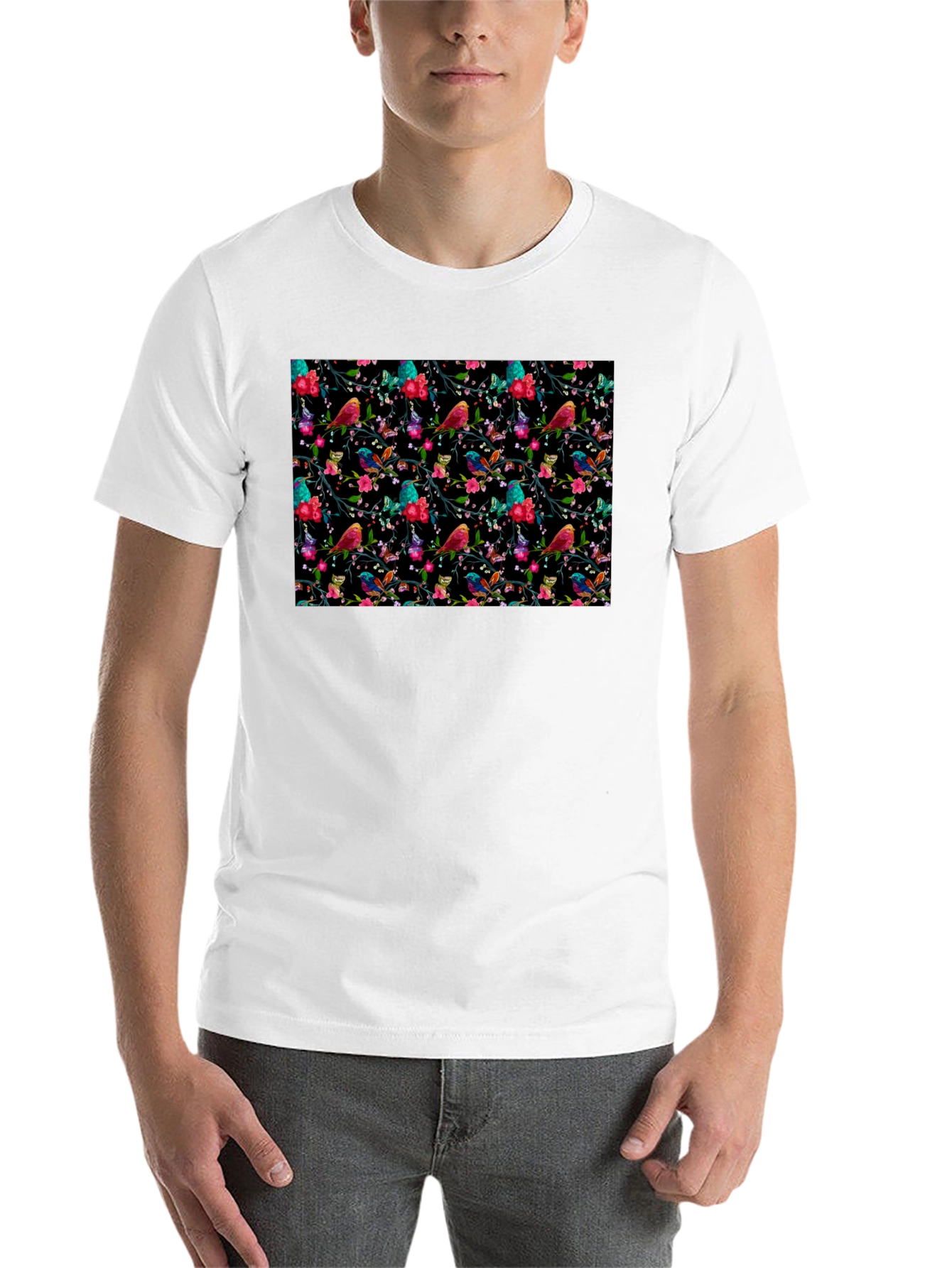 Black Floral Bird Print Black Tee view 14