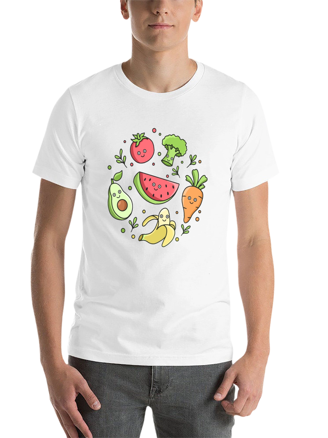 Cute Cartoon Fruits and Veggies Graphic Tee - 14