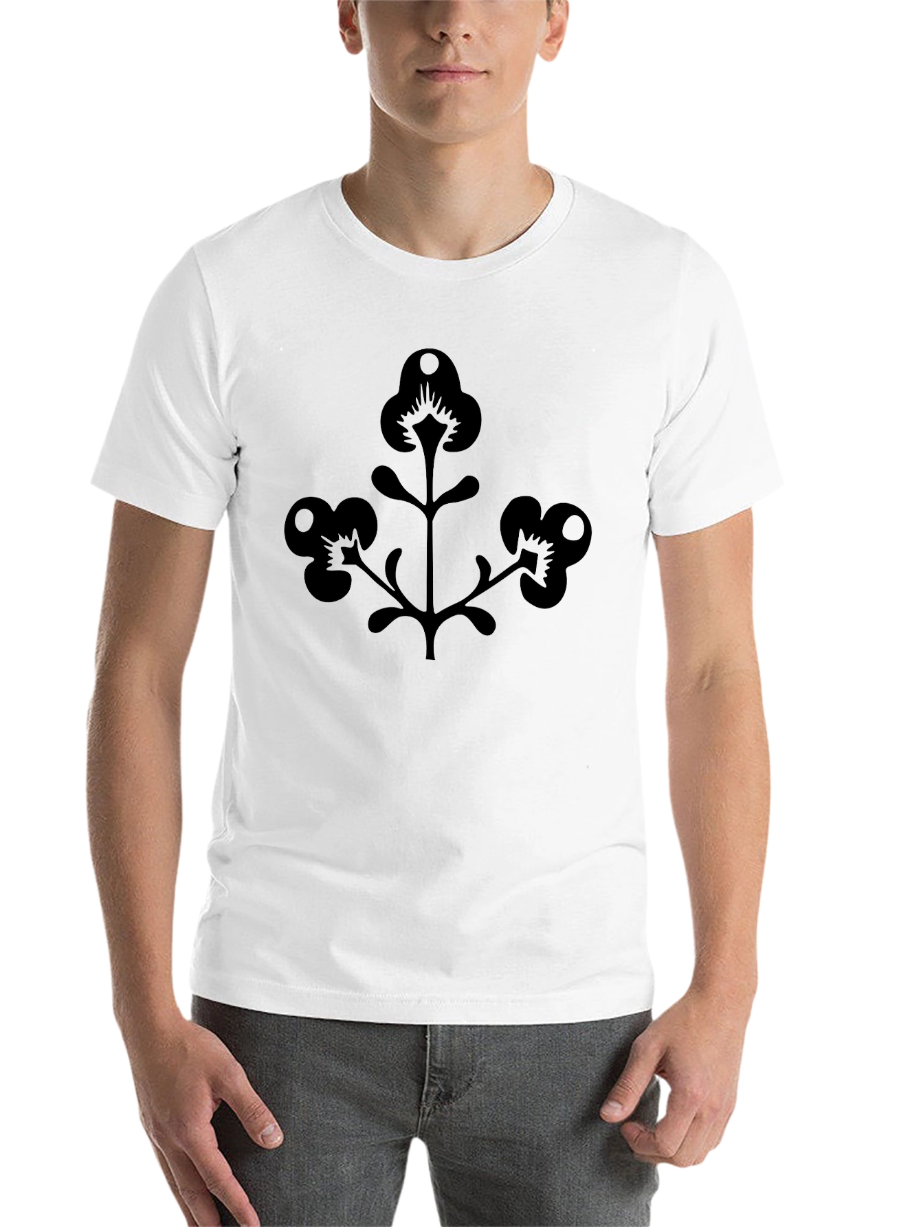Men's Black T-Shirt with Floral Silhouette Design - 14