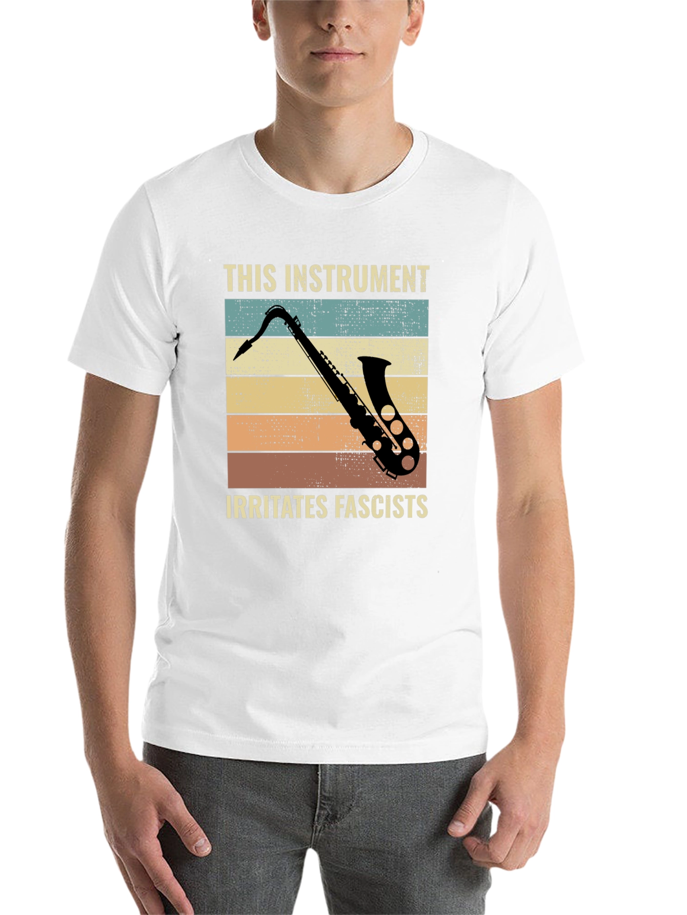 Black Saxophone Irritates Fascists Graphic Tee view 14