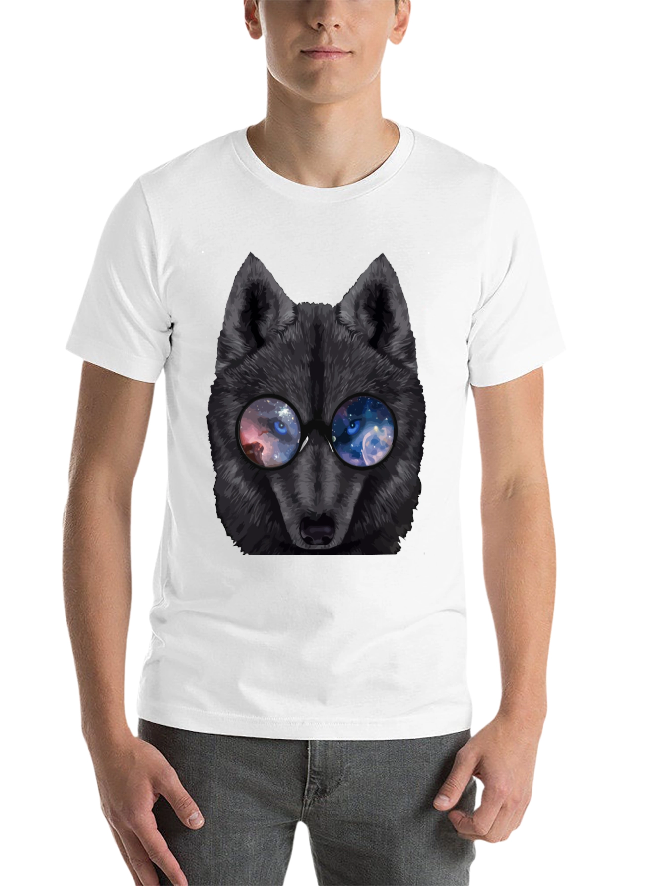 Black Cool Wolf with Galaxy Glasses T-Shirt view 14