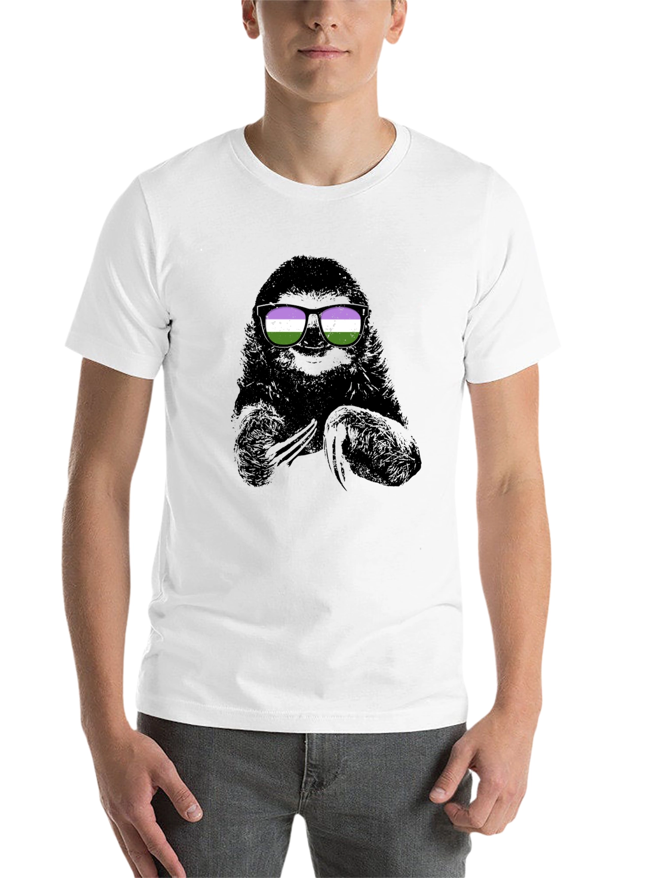 Black Sloth Wearing Genderqueer Pride Sunglasses T-Shirt view 14