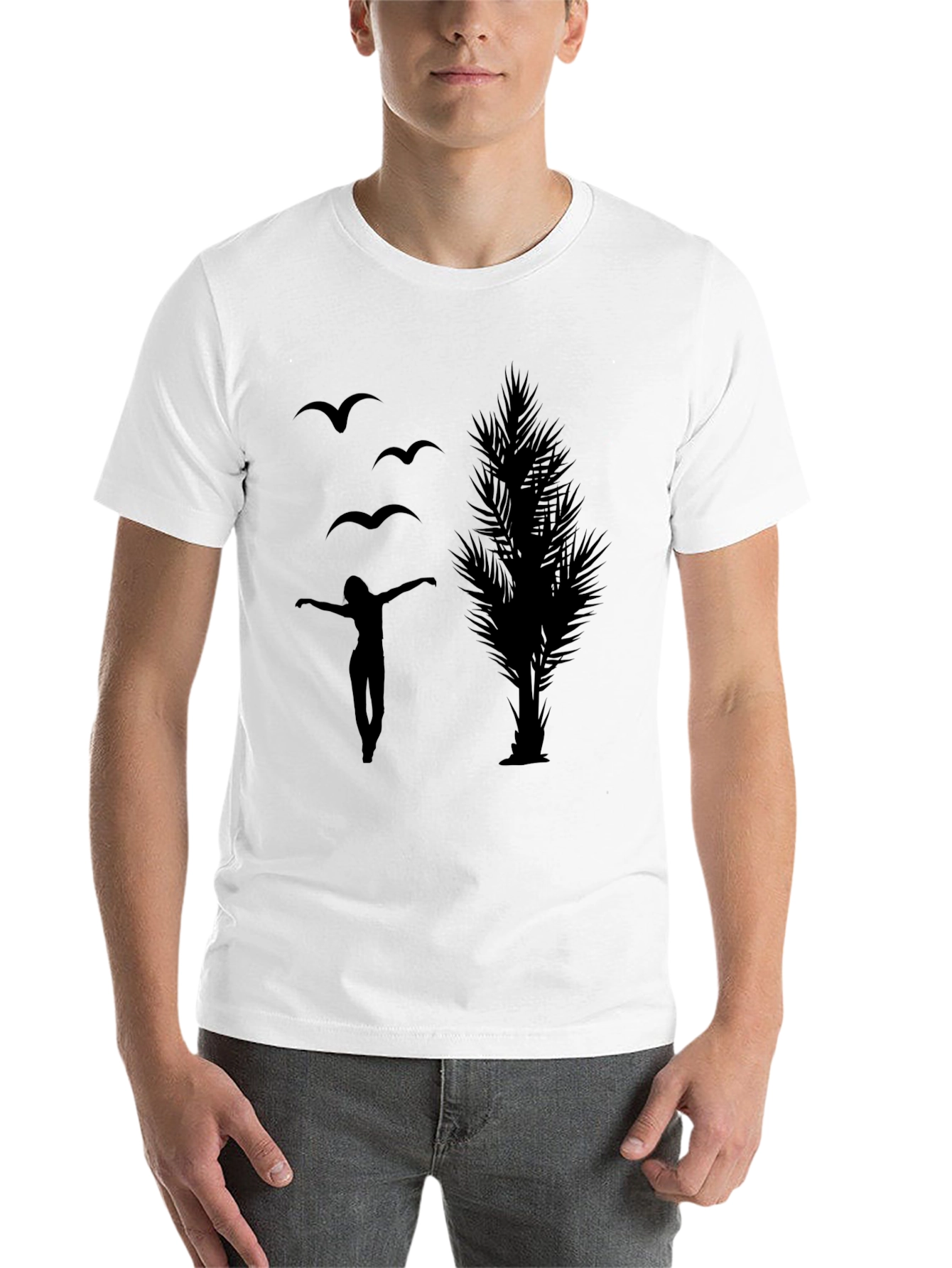 Black Silhouette Graphic Tee - Birds, Woman, Tree view 14