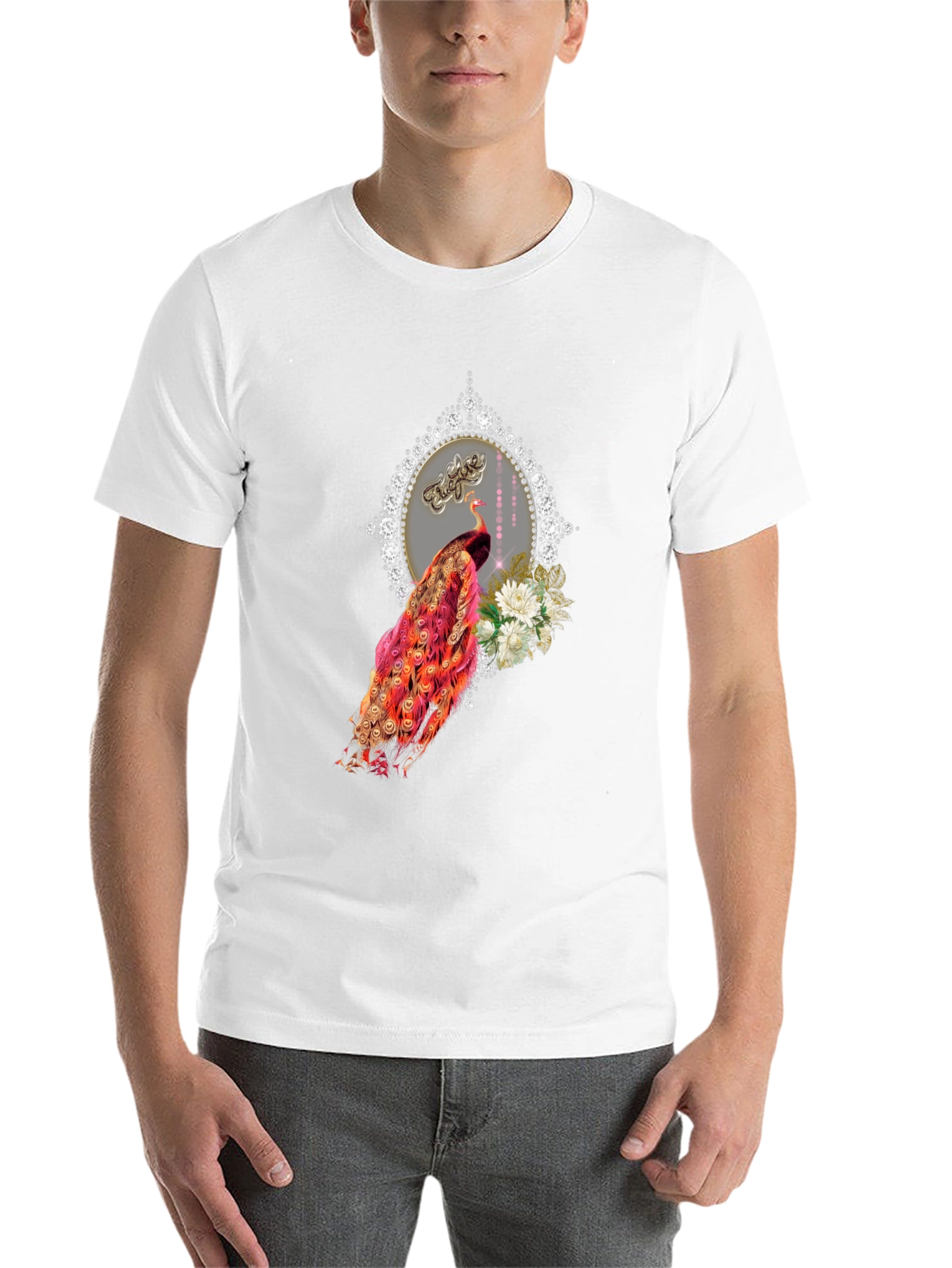 Elegant Peacock Graphic Tee - Diamond Frame - 14