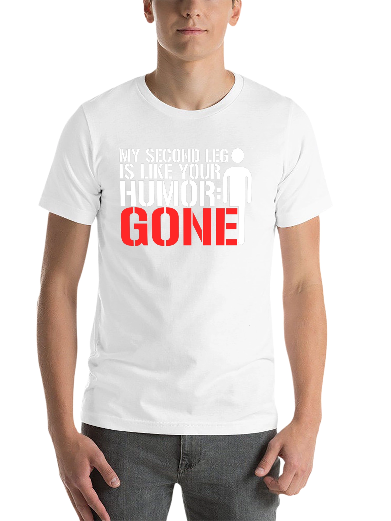 Black Humorous Graphic Tee: My Second Leg is Like Your Humor, GONE! view 14