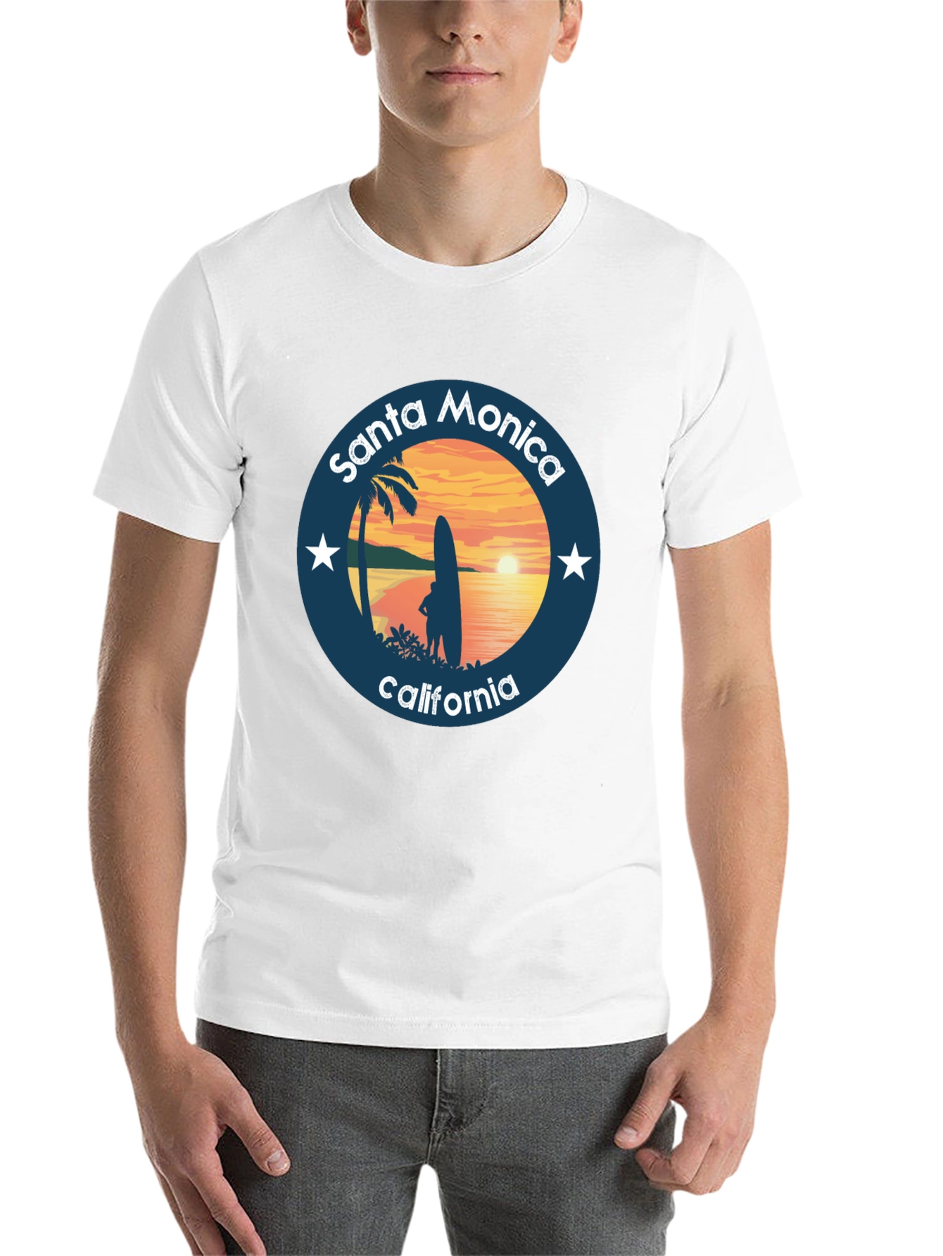 Black Santa Monica California T-Shirt Surfer Design view 14