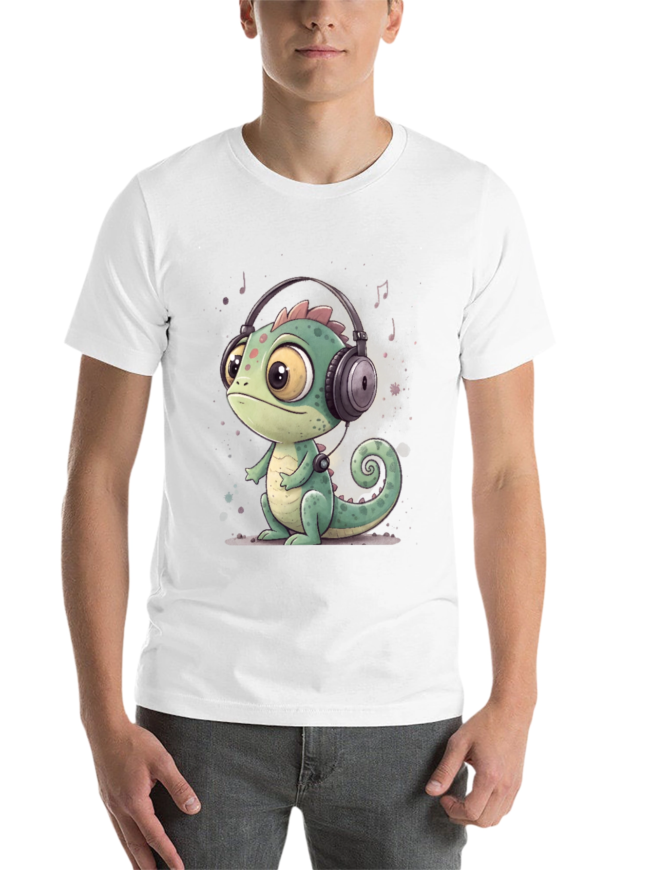 Black Cartoon Chameleon T-Shirt with Headphones view 14
