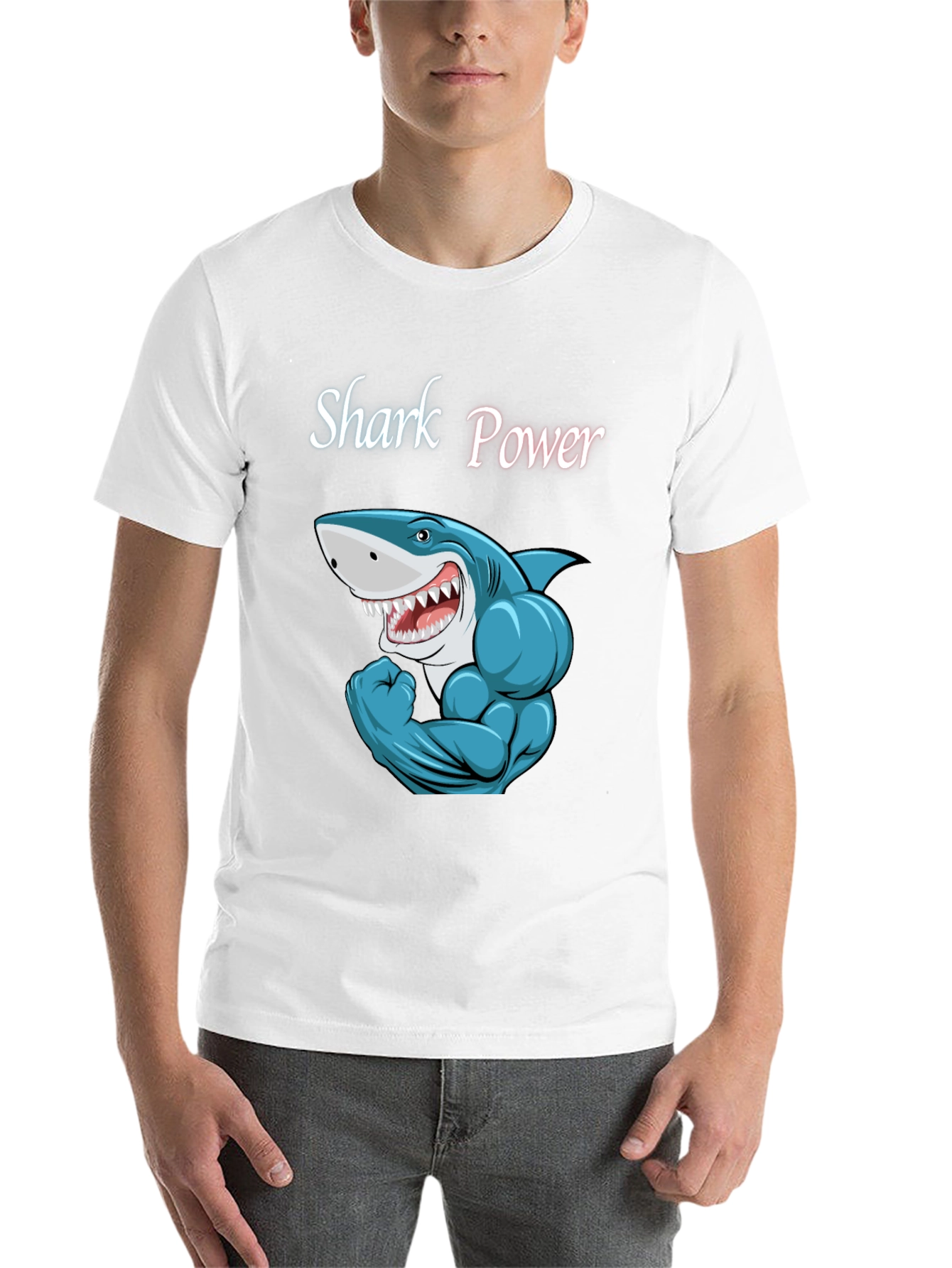 Black Shark Power Black T-Shirt - Muscular Cartoon Shark Design view 14