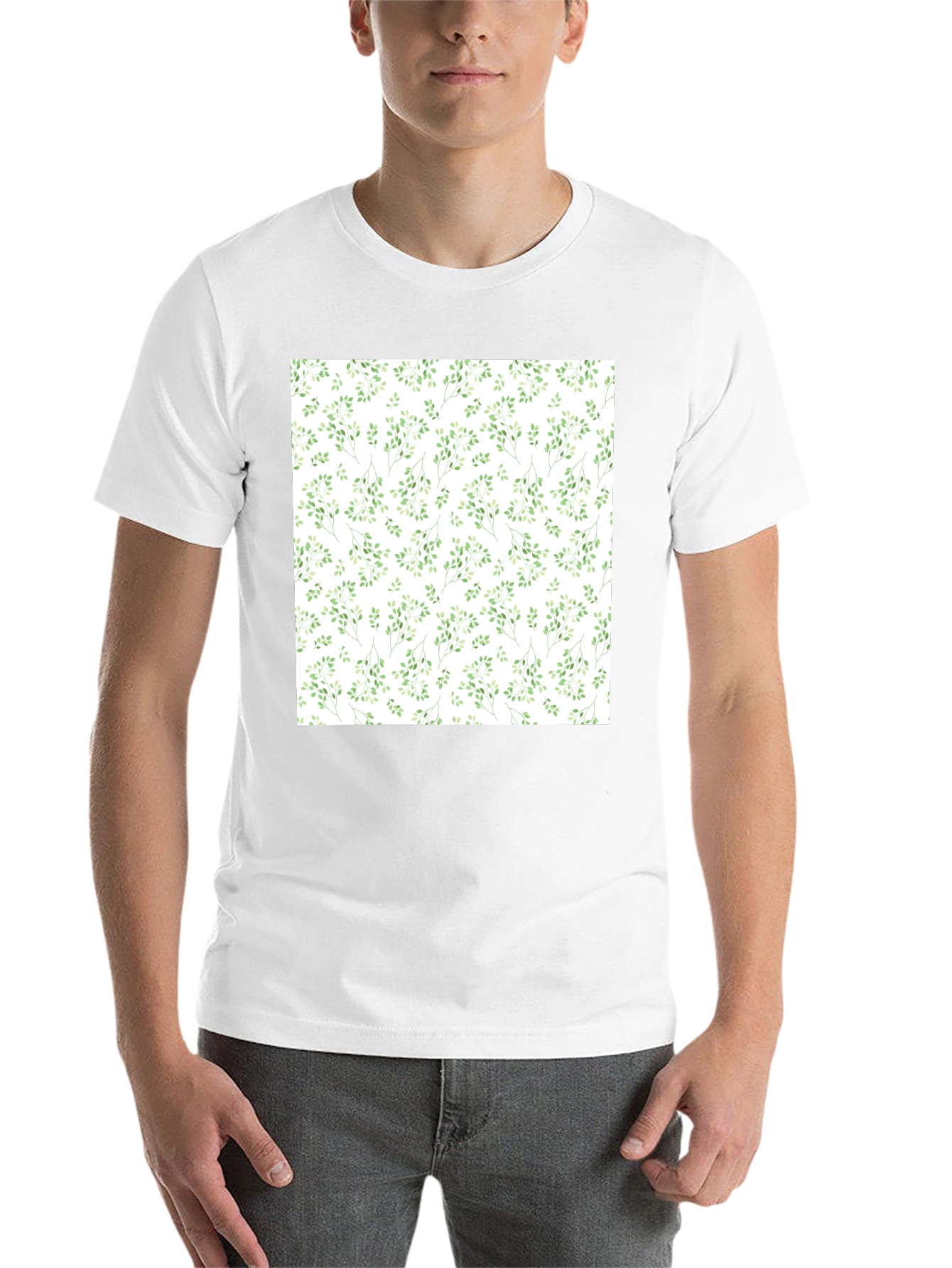 Black Green Leaves Patterned Black T-Shirt view 14