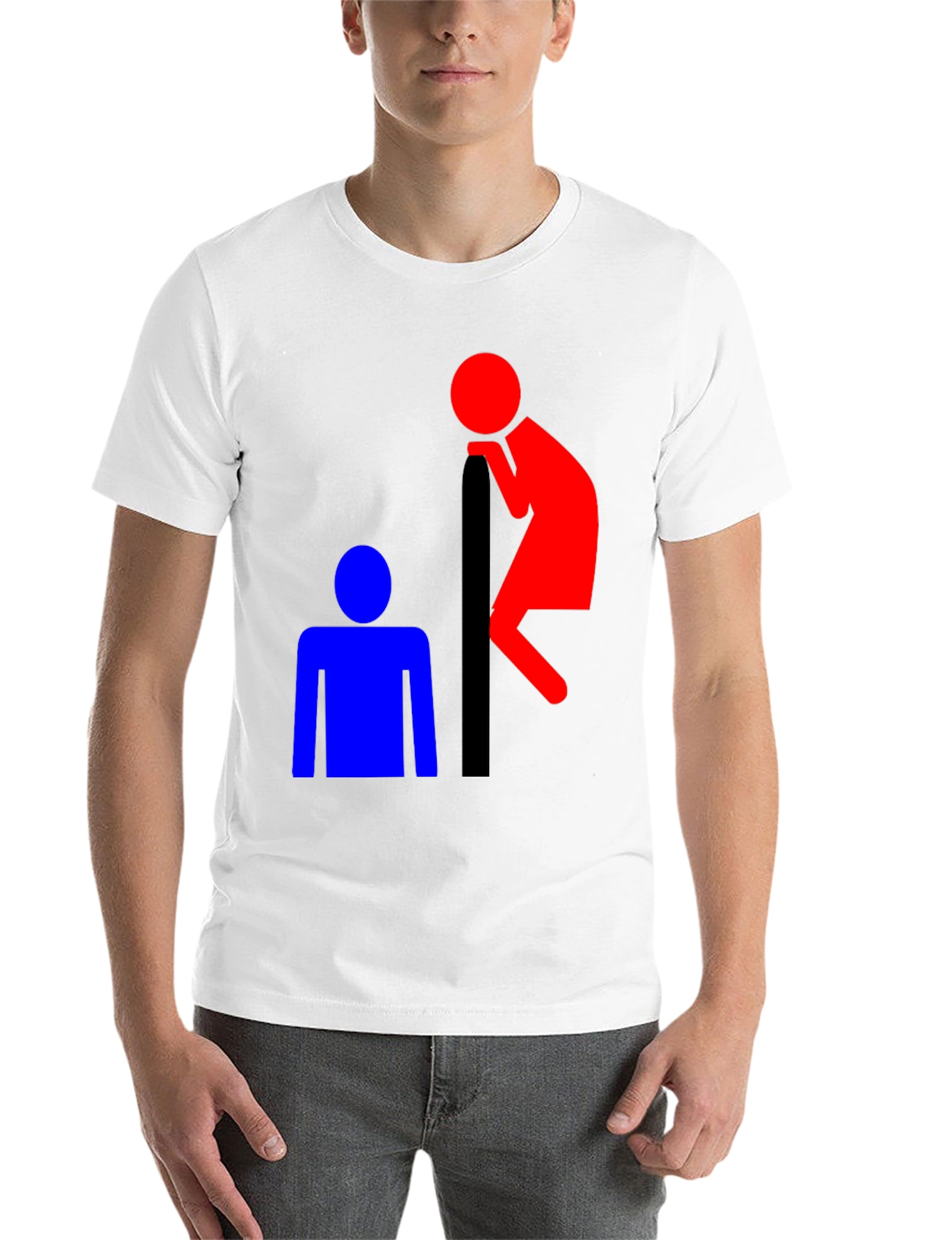Black Funny T-Shirt: Red Peeping Tom and Blue Figure view 14