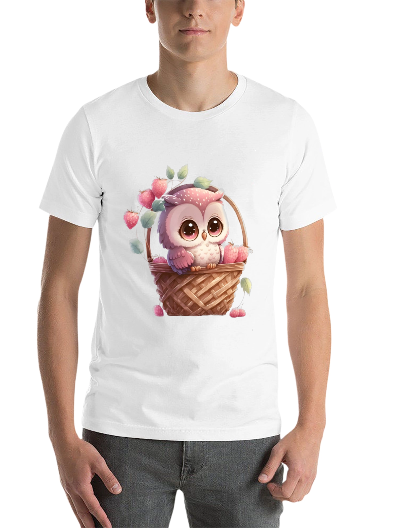 Black Owl in Basket T-Shirt: Cute Cartoon Graphic Tee view 14
