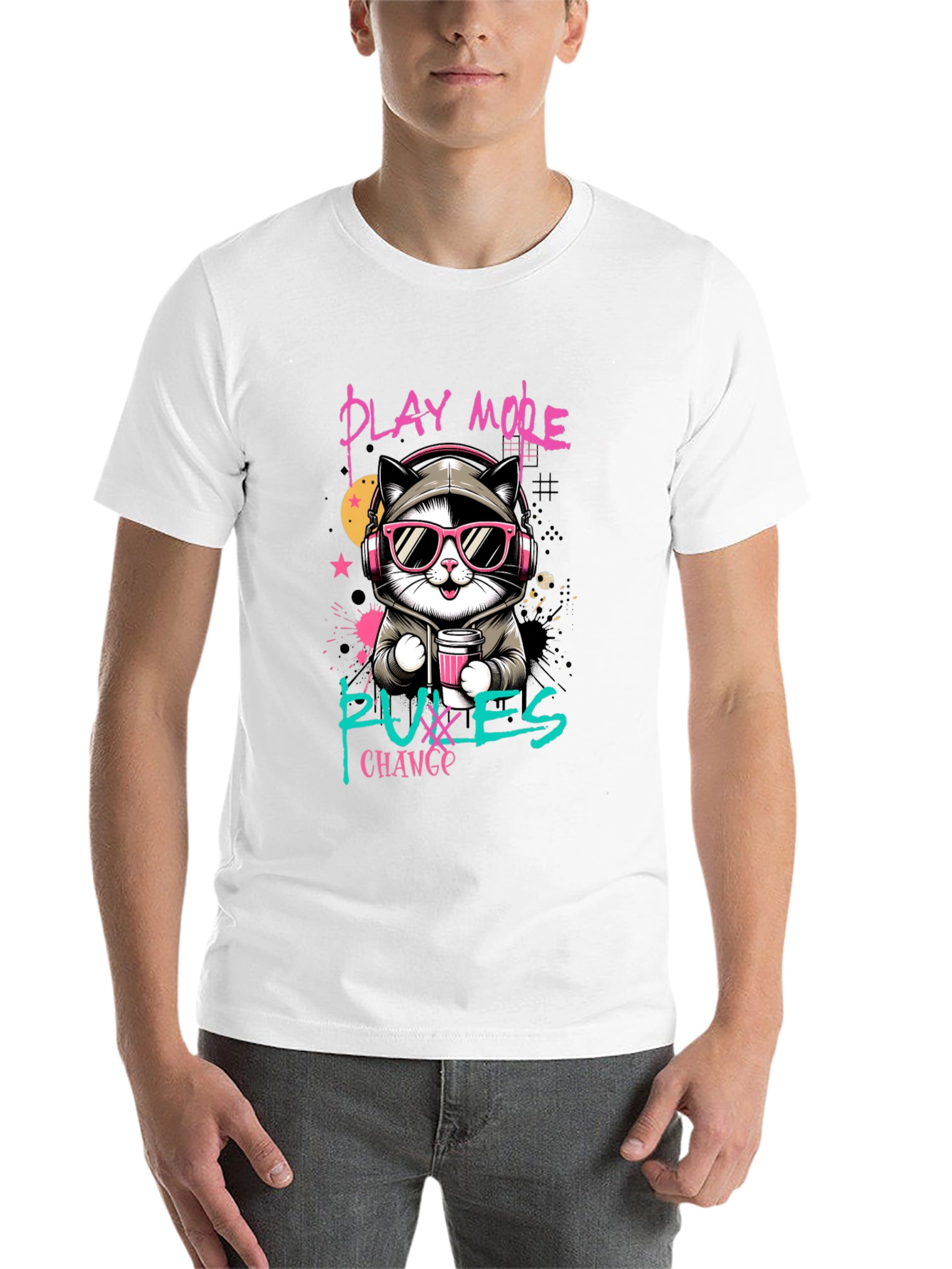 Black Play More, Puxxes Change T-Shirt - Cool Cat Design view 14