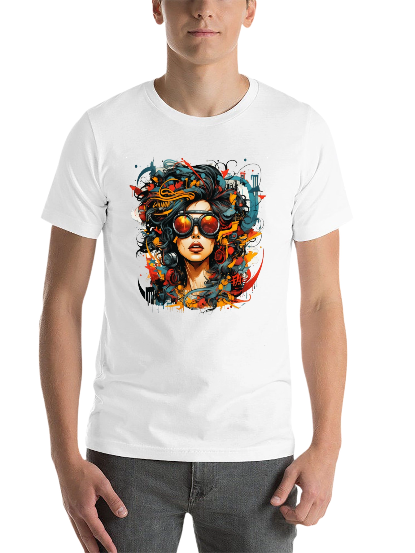 Black Abstract Woman Graphic Tee - Black Cotton T-Shirt view 14