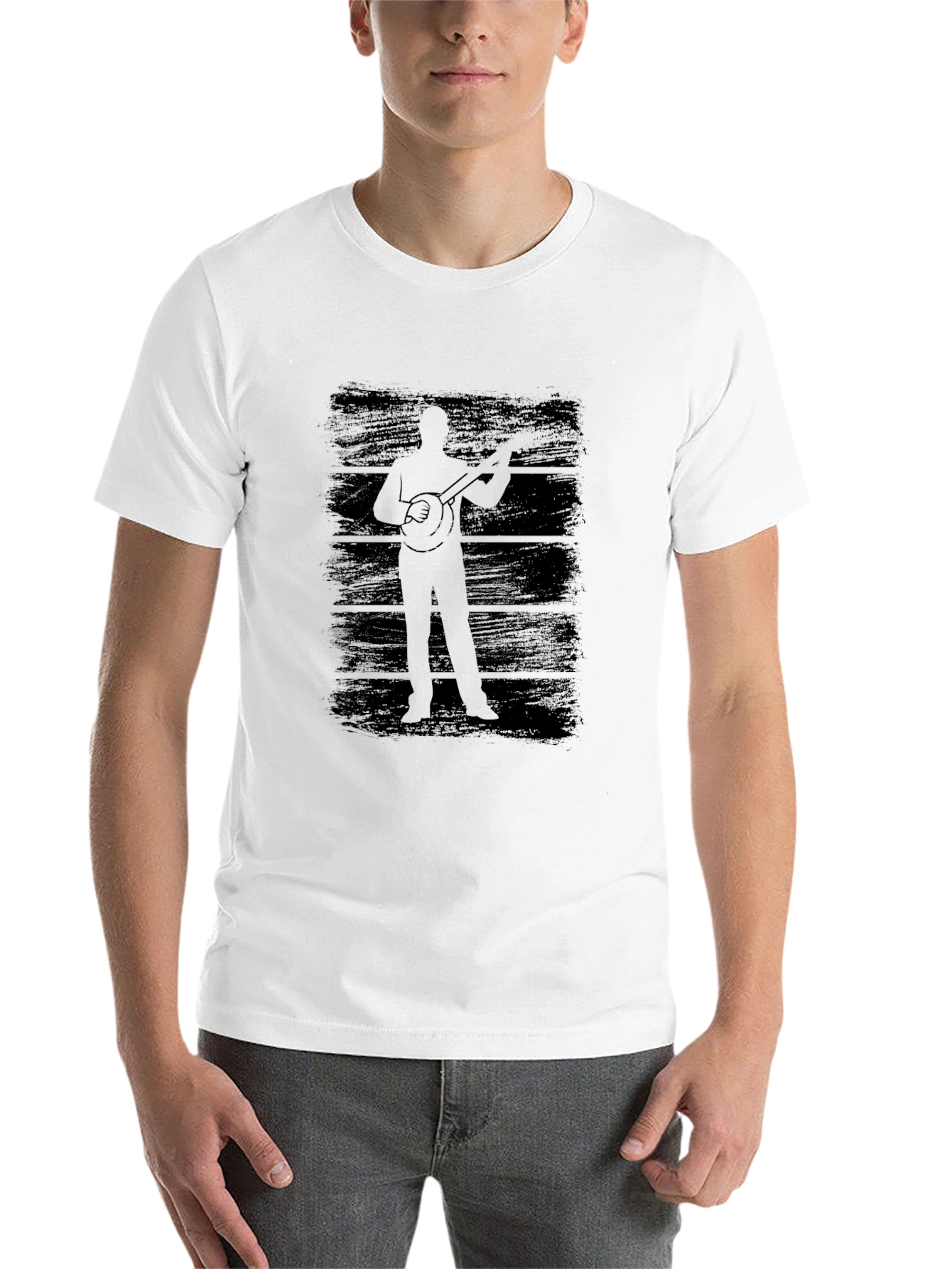 Black Banjo Player Silhouette Graphic Tee - Black Cotton T-Shirt view 14