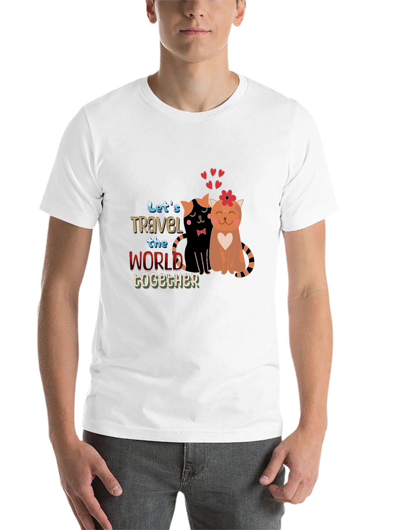 Black Cute Couple Cats Travel Together Graphic Black T-Shirt view 14