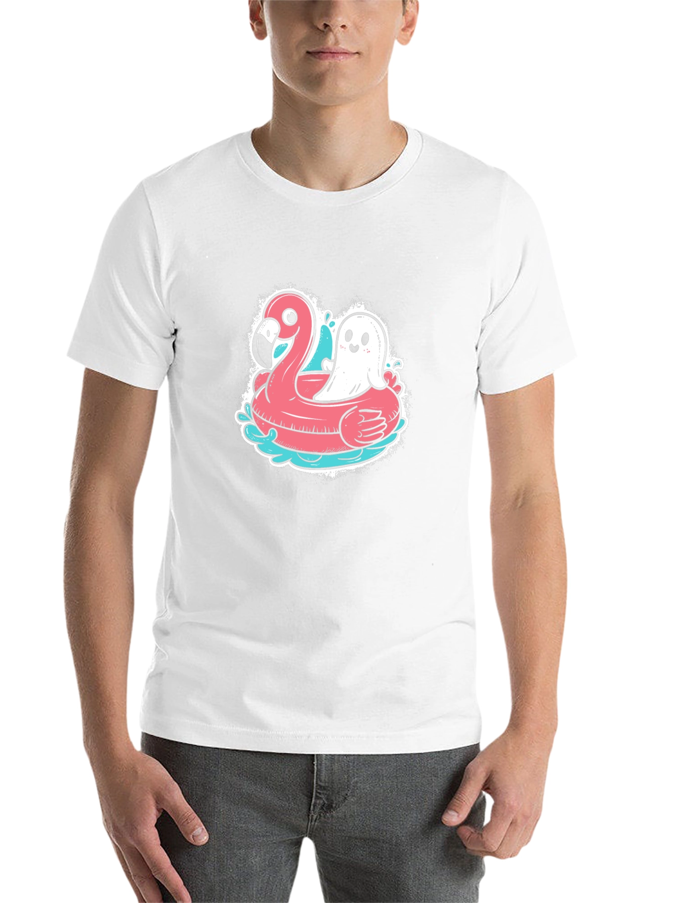Black Ghost & Flamingo Float T-Shirt - Spooky Summer Vibes! view 14